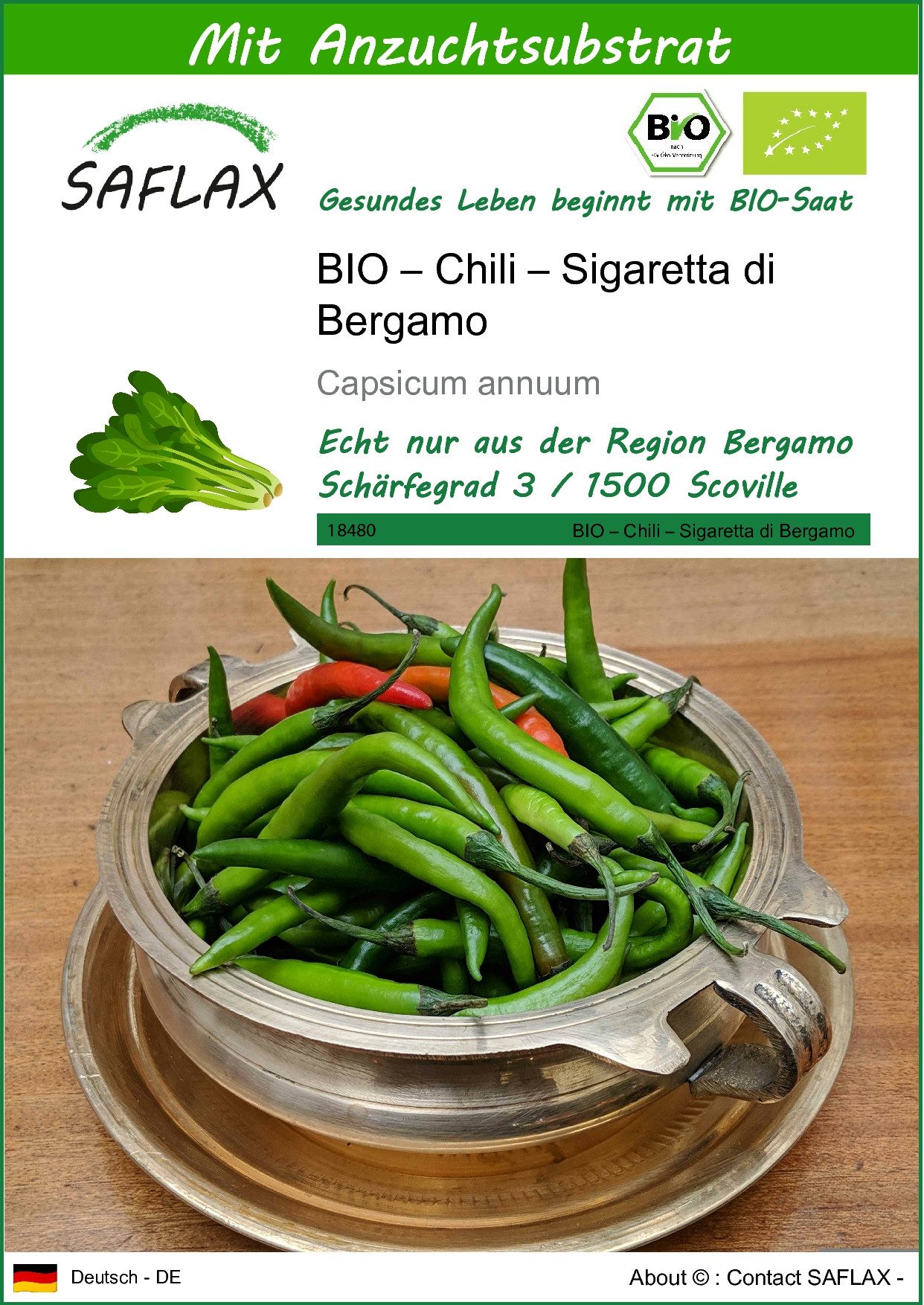 Gemüsesamen SAFLAX - Samen und Substrat - BIO – Chili – Sigaretta di Bergamo