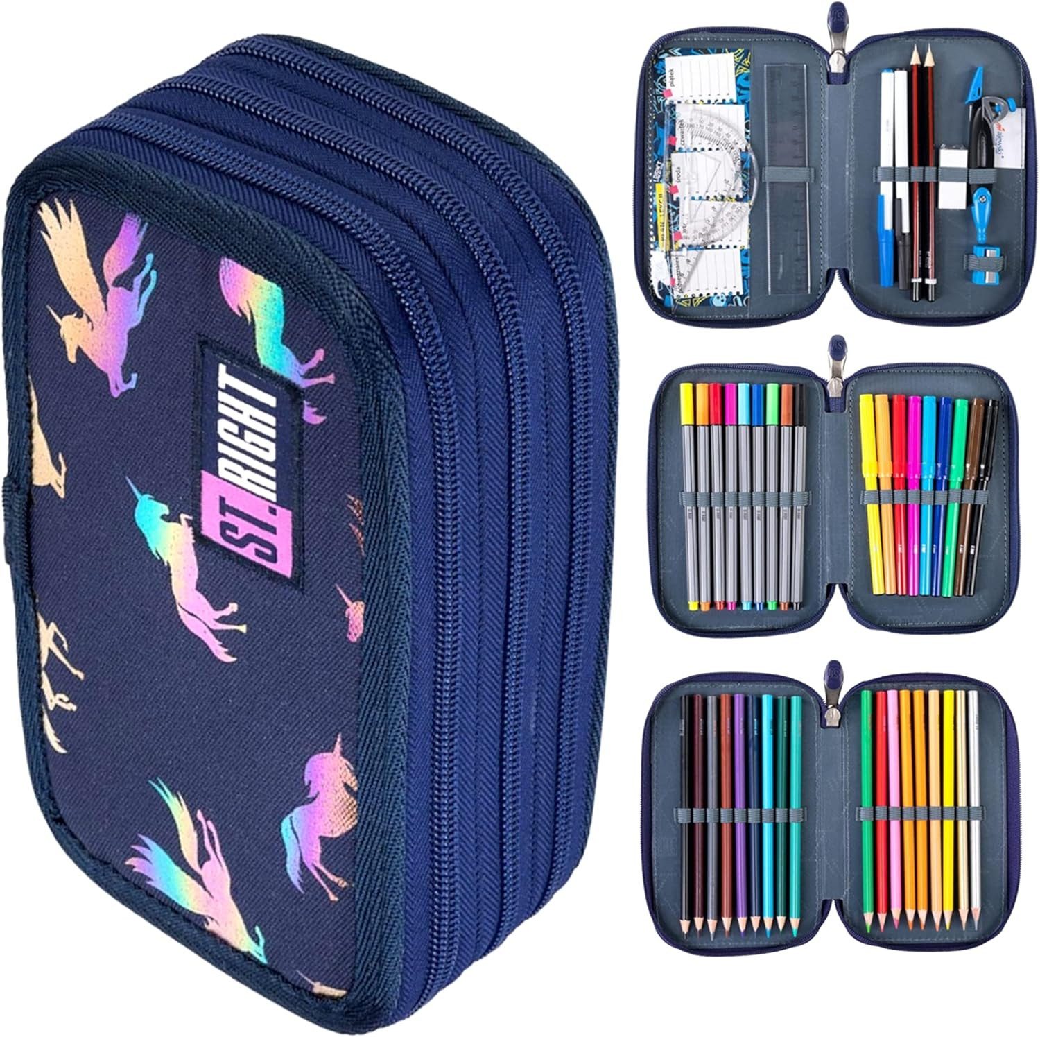 GOLDKIDS Federmäppchen St. Right XXL Federtasche Federmappe 46-teilig, (gefüllte Schüleretui, 1-tlg., 3-stöckig 19 x 13 x), 7 cm inkl. Hausaufgabenheft Holo Unicorns Einhorn