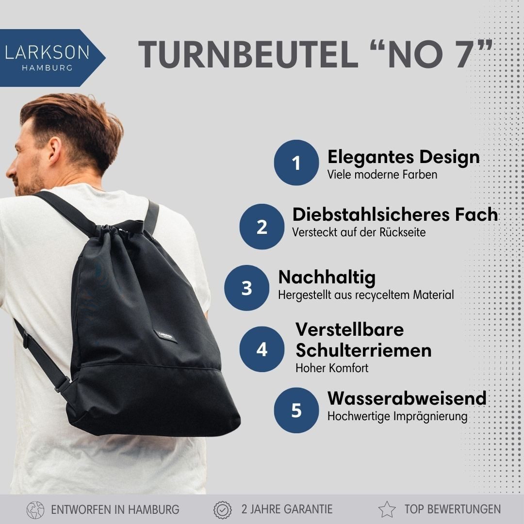 LARKSON Turnbeutel No 7 Turnbeutel Damen Herren (1-tlg), Sporttasche, Anti Diebstahl Seitentasche, Wasserabweisend