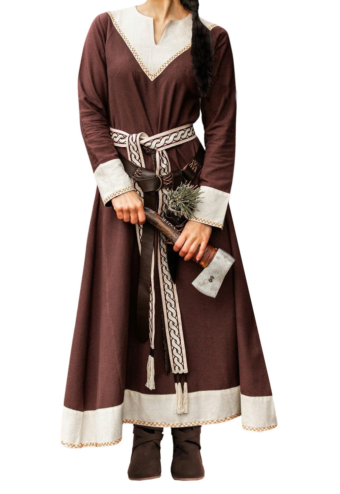 Leonardo Carbone Wikinger-Kostüm Kleid "Jorunn" mit Kreuzstich-Details, V-Ausschnitt, fließendes Design