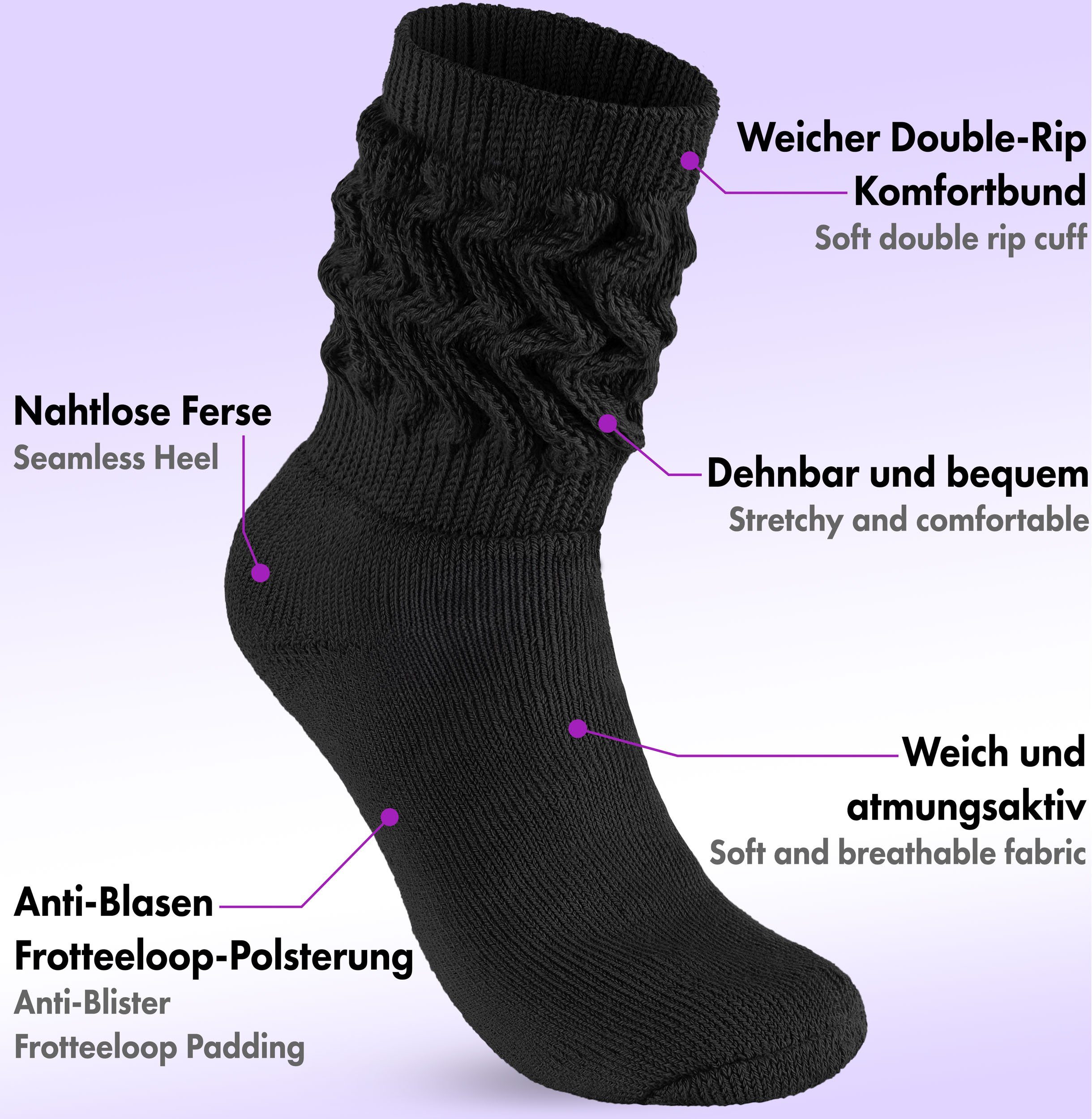 BRUBAKER Schoppersocken 3er Set Socken Knit Damensocken Damen für Schwarz Frauen - und Lässige - (3-Paar) Slouch Freizeit Scrunch Retro-Socken 3x Sport für Baumwollsocken