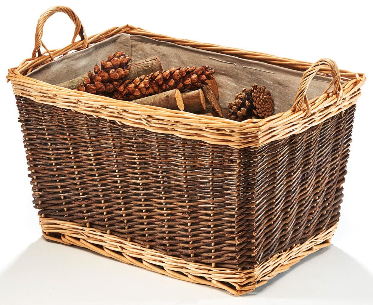 Kobolo Kaminholzkorb Holzkorb aus Weide zweifarbig mit Jutestoff günstig online kaufen