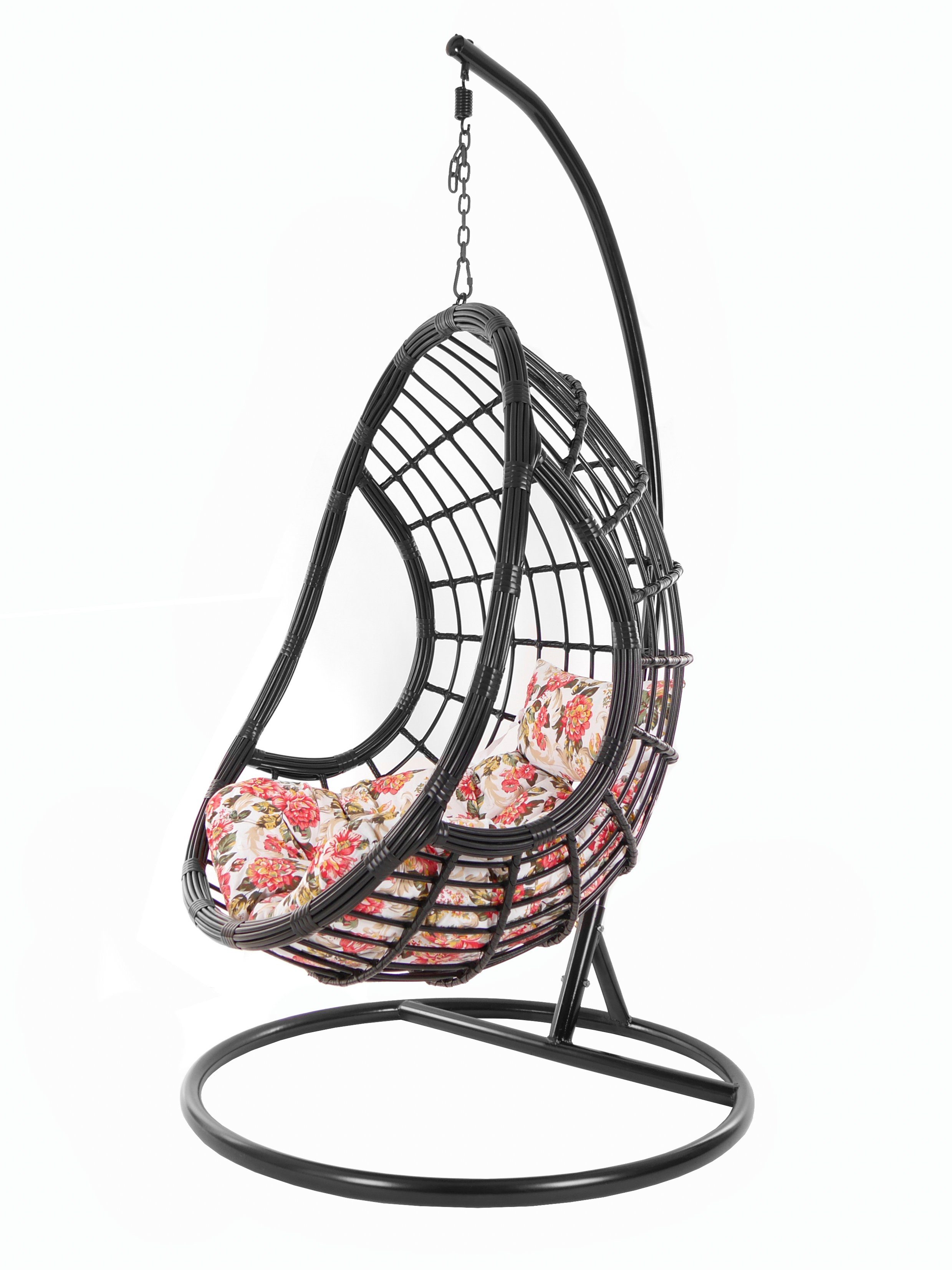 KIDEO Hängesessel PALMANOVA black, Swing Chair, schwarz, Loungemöbel, Hängesessel mit Gestell und Kissen, Schwebesessel, edles Design blumenmuster sommer (3760 summergarden)