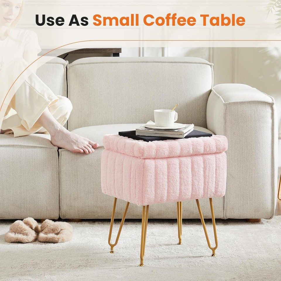 ZMH Sitzhocker Vintage Schminkhocker mit Kunstfell Stauraum moderner für Schlafzimmer, Vintage-Schminkhocker mit Plüschsitz & Metallgestell