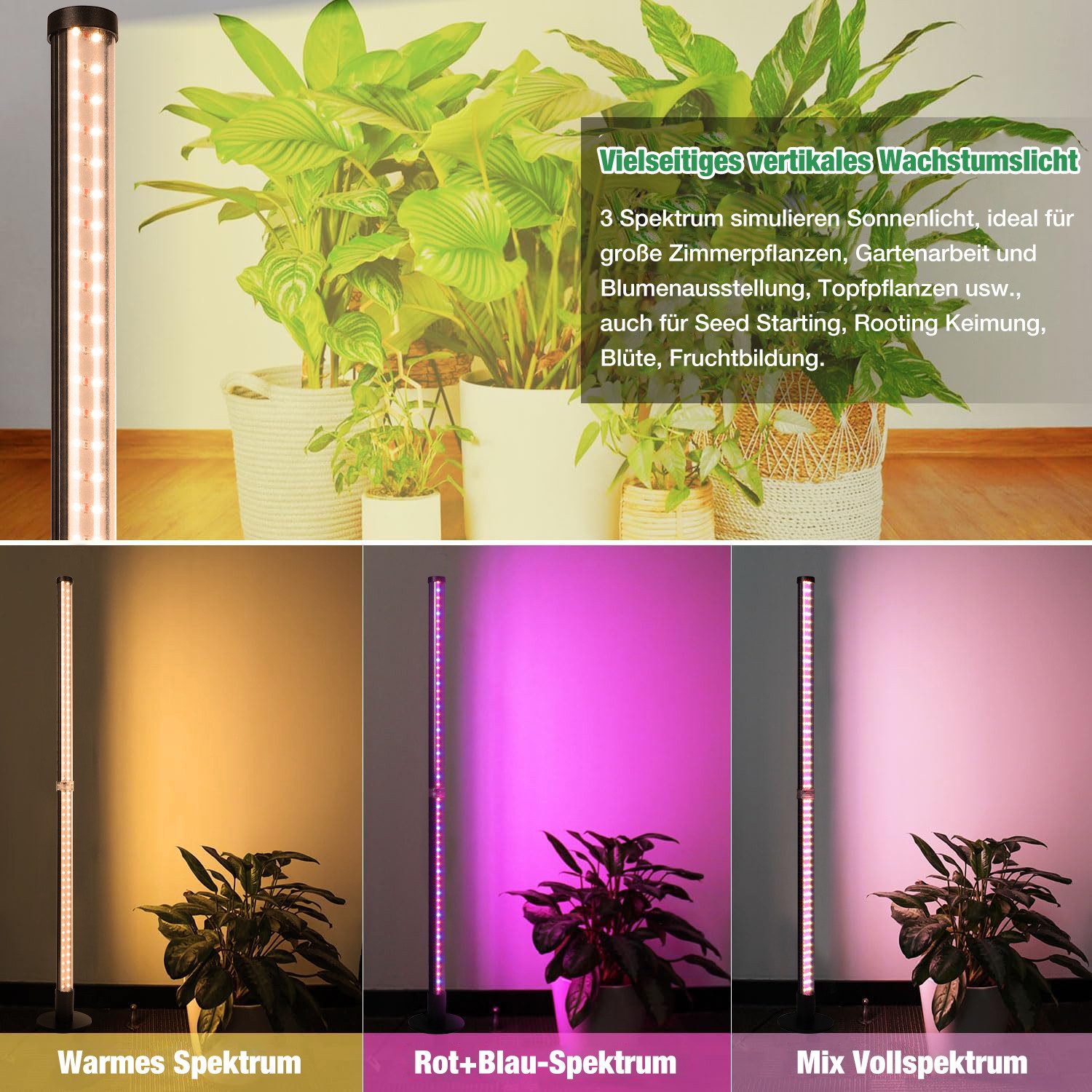 MUPOO Pflanzenlampe LED Stehende Pflanzenzuchtlampe Volles Spektrum H40-122cm, mit 3 Farben & 6/9/12H Timer für hohe Indoor-Pflanzen