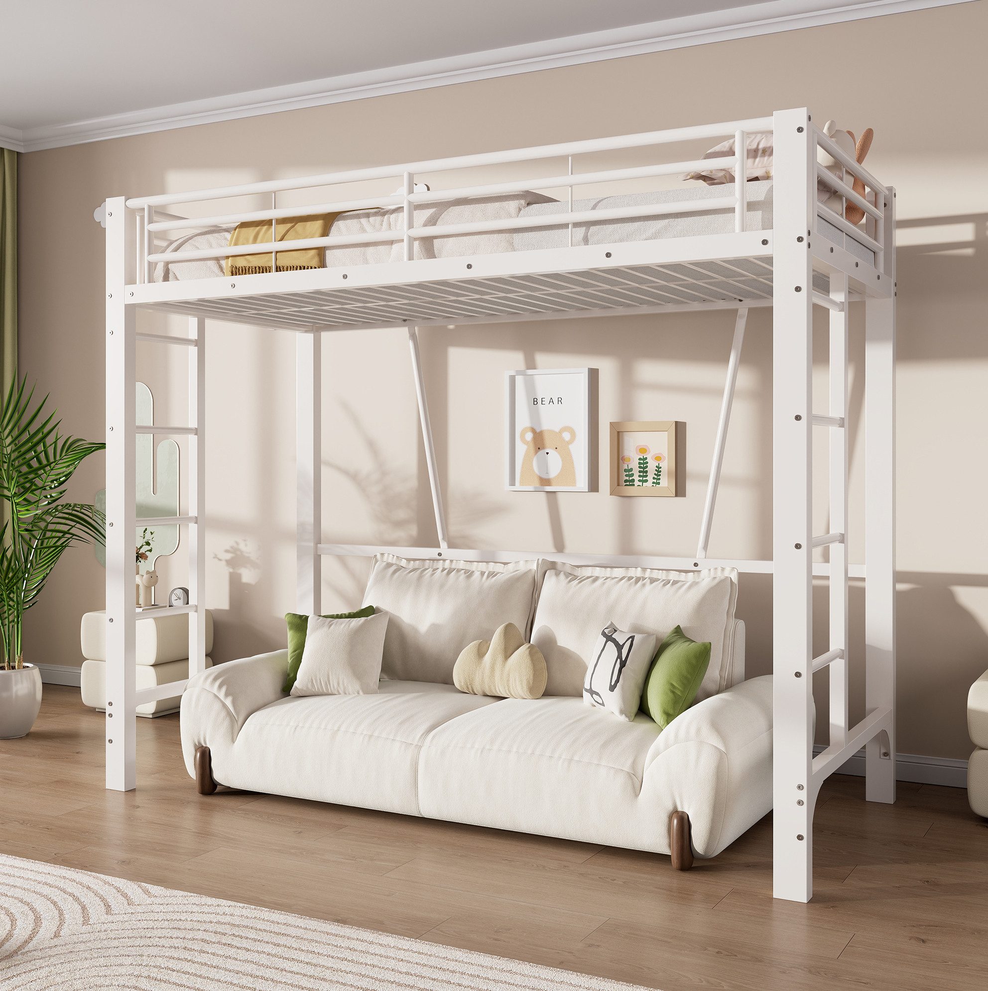 OKWISH Hochbett Metallbett mit Doppelleiter (Jugendbett mit Doppelleiter und großzügigem Freiraum unter der Liegefläche, modernes Design, Funktionsbett Eisenbett) Inklusive Matratze