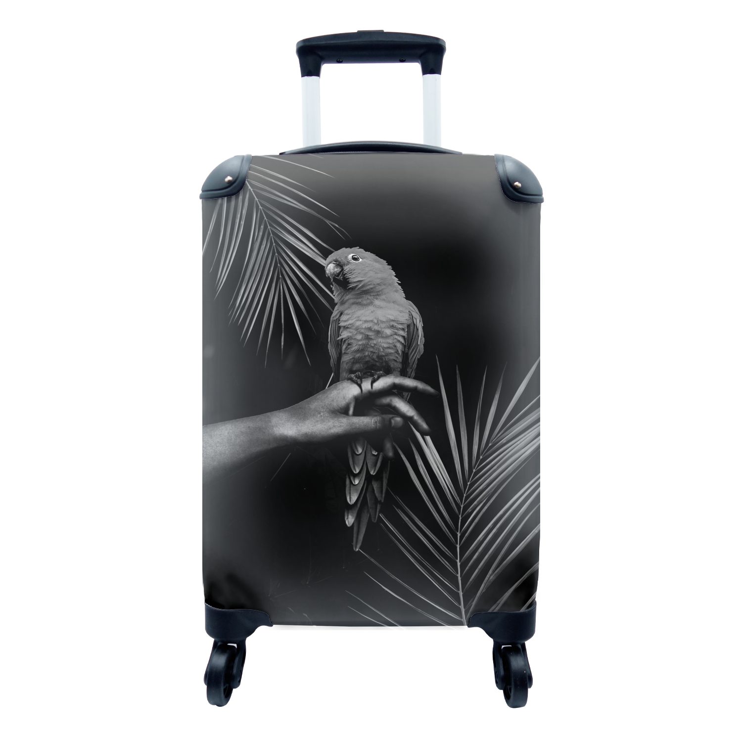 MuchoWow Handgepäckkoffer Vogel auf einer Hand und schwarzem Hintergrund - schwarz und weiß, 4 Rollen, Reisetasche mit rollen, Handgepäck für Ferien, Trolley, Reisekoffer