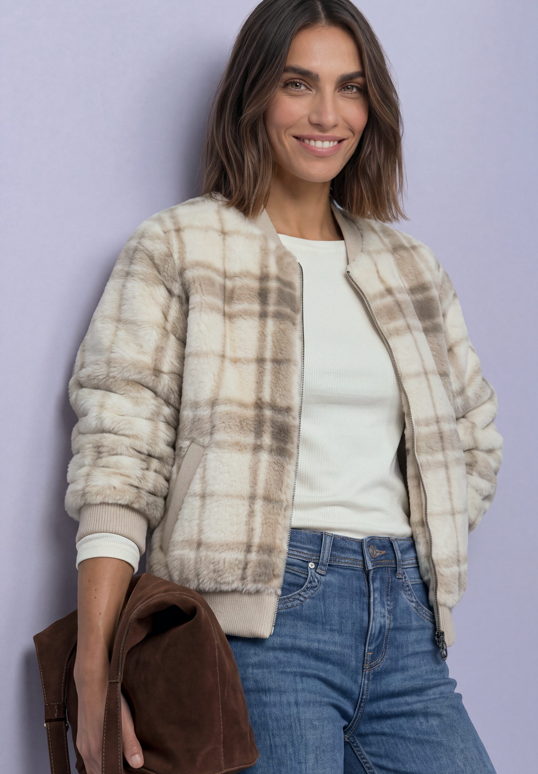 STREET ONE Blouson Fake Fur Blouson mit Strickdetails und Print