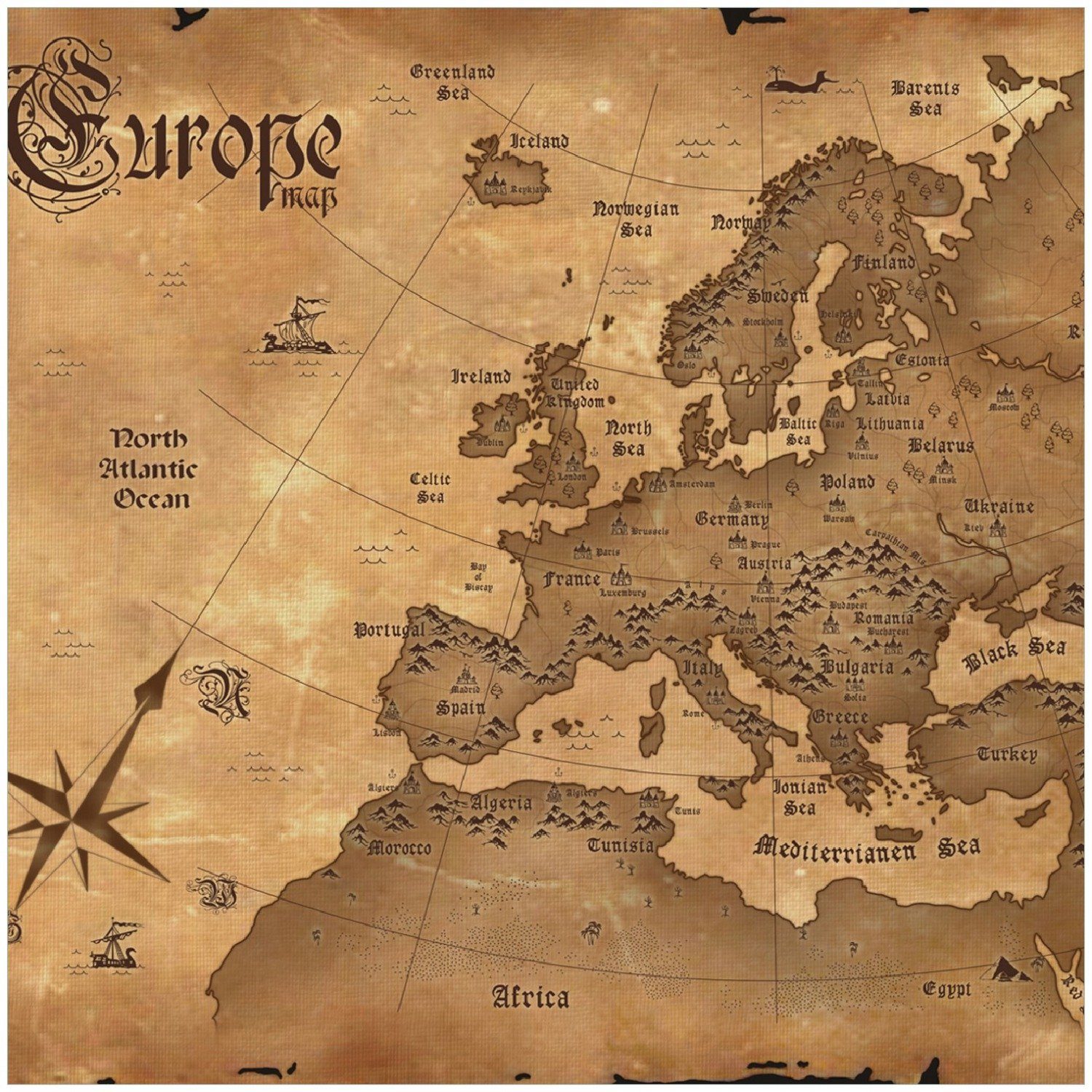 Europa englisch Wallario Weltkarte in Alte Memoboard Karte von