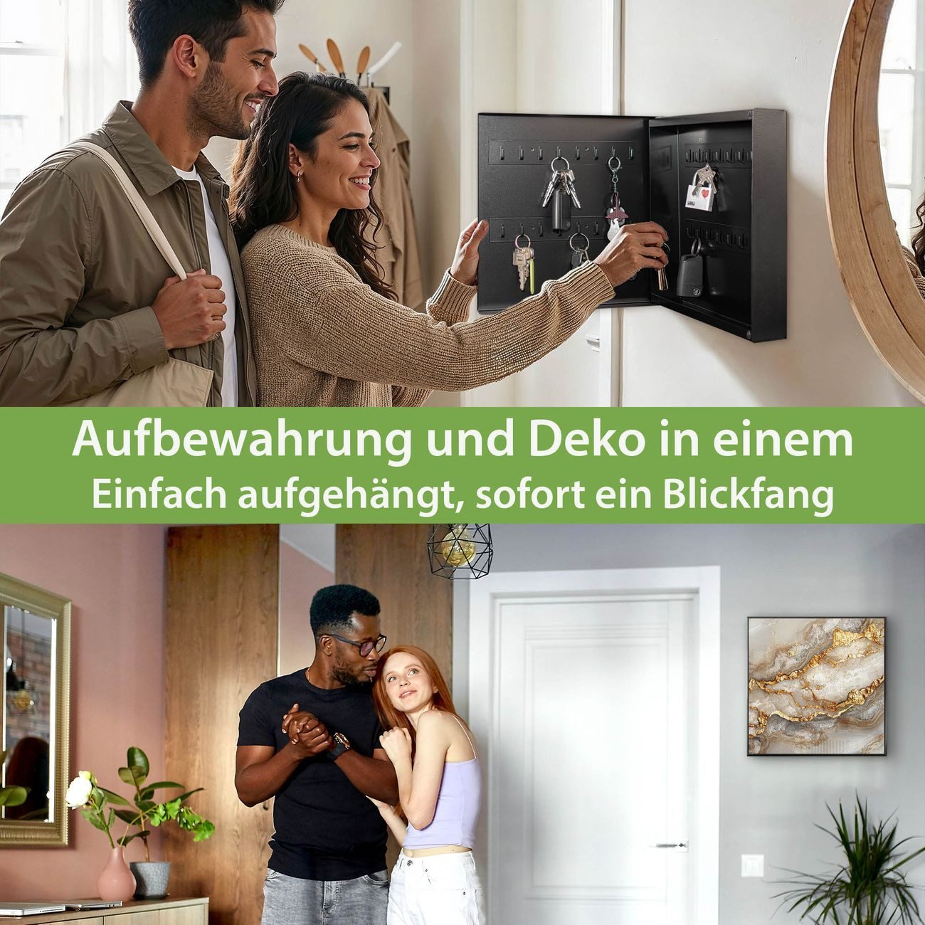 banjado Schlüsselkasten aus Metall mit Motiv Weißer Marmor mit Gold 2 (Stahl Gehäuse, mit 32 Haken, beschreibbar & magnetisch), 30 x 30 x 5 cm