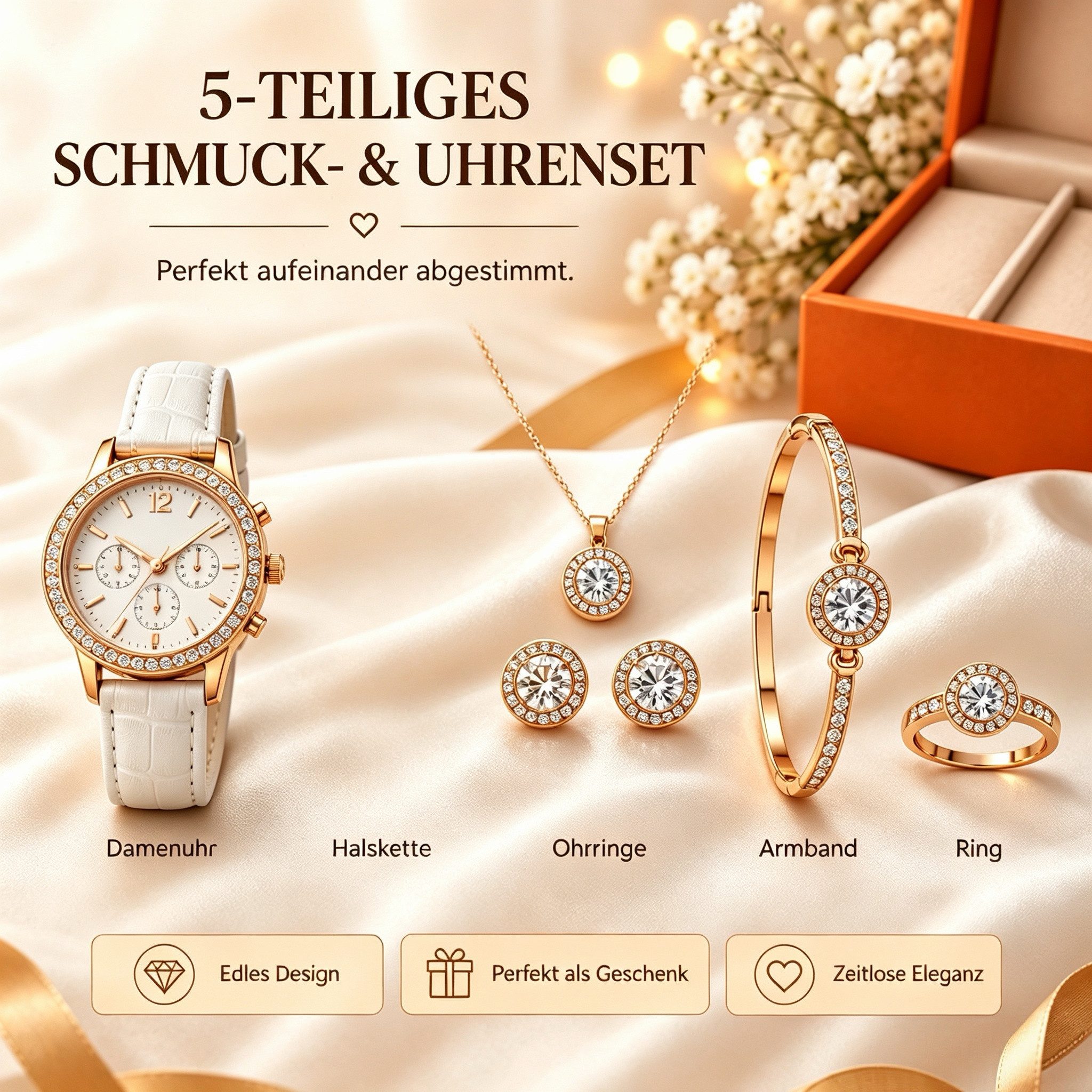 Luckice Quarzuhr Geschenk Damen Armbanduhr Armband Halskette Ring Ohrring Schmuck Set, (Elegant Analog Quarz Uhr mit Digital Zifferblatt .Frauen Mädchen Strass Quarzuhr für Weihnachten Bracelet Jewelry Set.Damengeschenke, Weihnachten, Valentinstag, Hochzeitstag, Muttertag,Lehrertag, 5-tlg., Geburtstage usw Es kann als Schmuckdisplay,Brautschmuckzubehör), Kunstfotos usw.verwendet werden.Hochwertige Geschenkbox