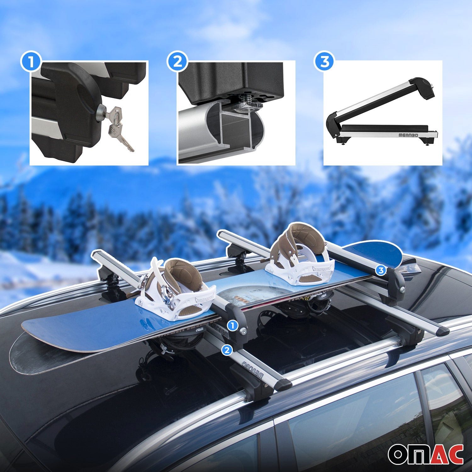 OMAC Dachträger Menabo Skiträger Snowboardträger Universal Abschließbar Schwarz 2x, Anti-Diebstahl-Schloss,Abnehmbar,Wasserdicht