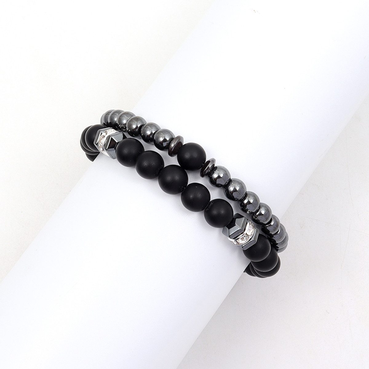 KARMA Perlenarmband Set Armband Schwarz Silber Metall Herren modern (Geschenk füf ihn), Herrenarmband Armbandset Dehnbar – Bild 4 von 5