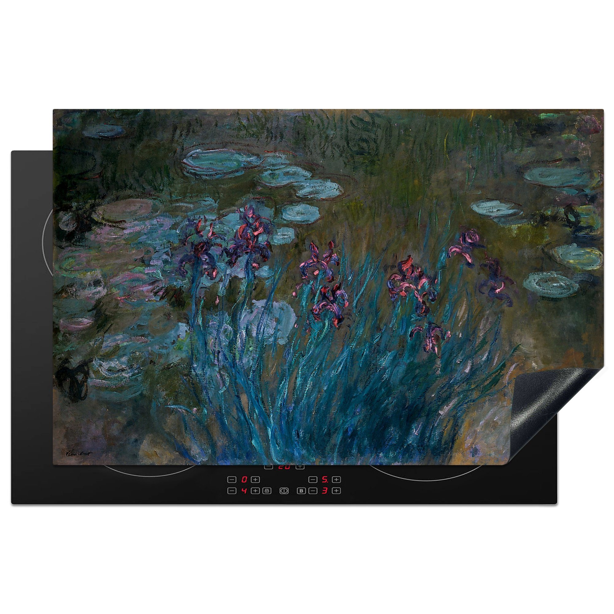 MuchoWow Herdblende-/Abdeckplatte Schwertlilien und Seerosen - Gemälde von Claude Monet, Vinyl, (1 tlg), 81x52 cm, Induktionskochfeld Schutz für die küche, Ceranfeldabdeckung