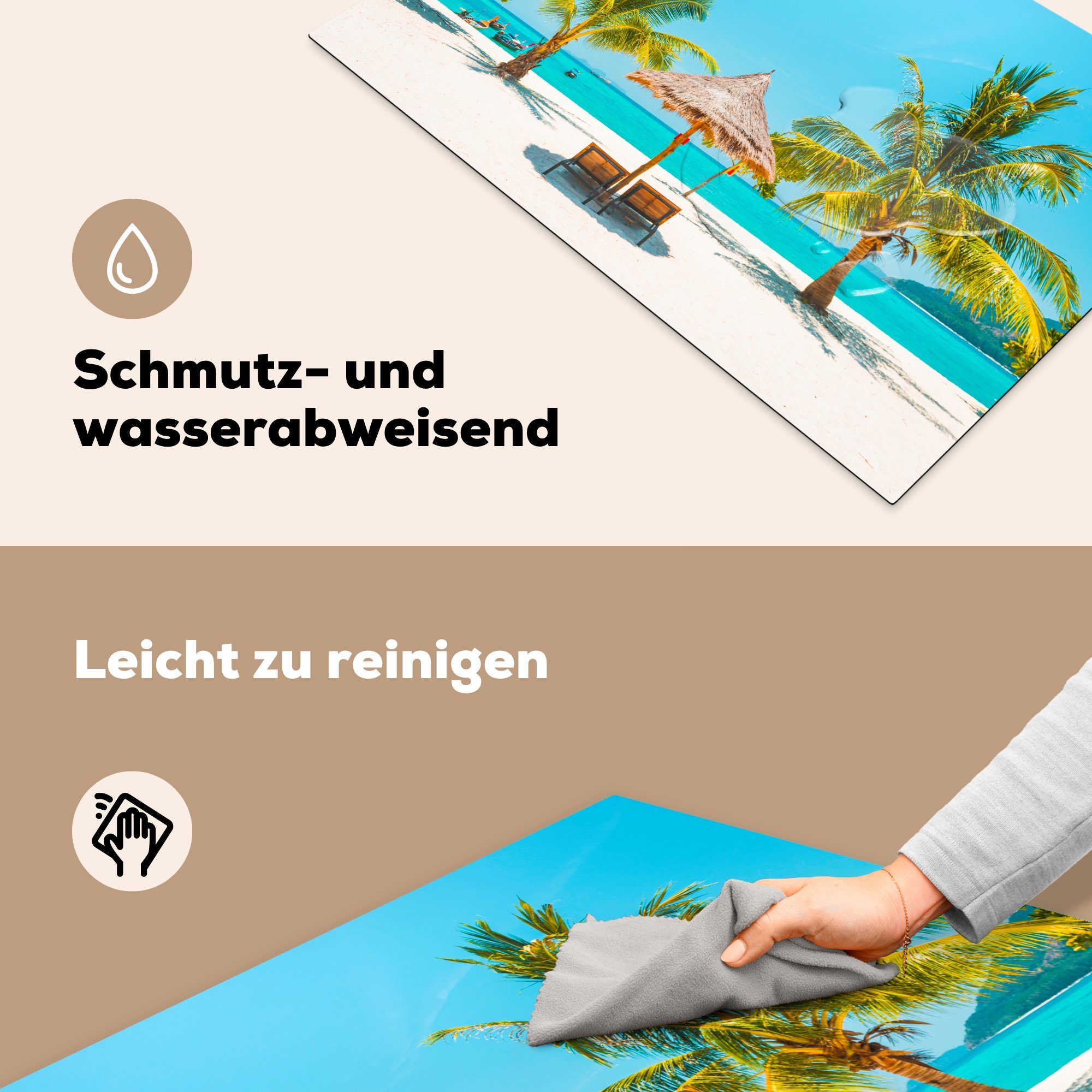 (1 - - tlg), Herdblende-/Abdeckplatte Strand 81x52 Ceranfeldabdeckung Vinyl, Sonnenschirm Palme, MuchoWow küche, Schutz für cm, die Induktionskochfeld