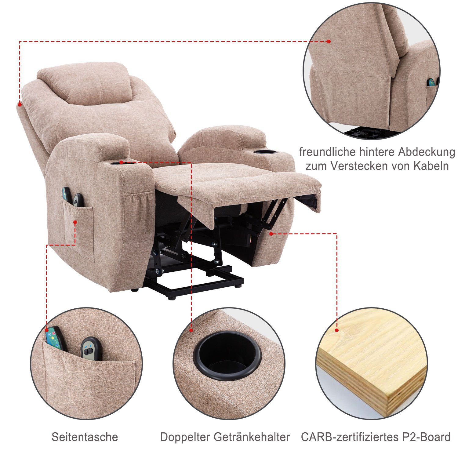 PHOEBE CAT TV-Sessel 130 bis kg Hellbraun Wärmefunktion Aufstehhilfe, Hellbraun Fernsehsessel Vibrationsmassage), (Liegefunktion, zu | Hellbraun | mit belastbar und