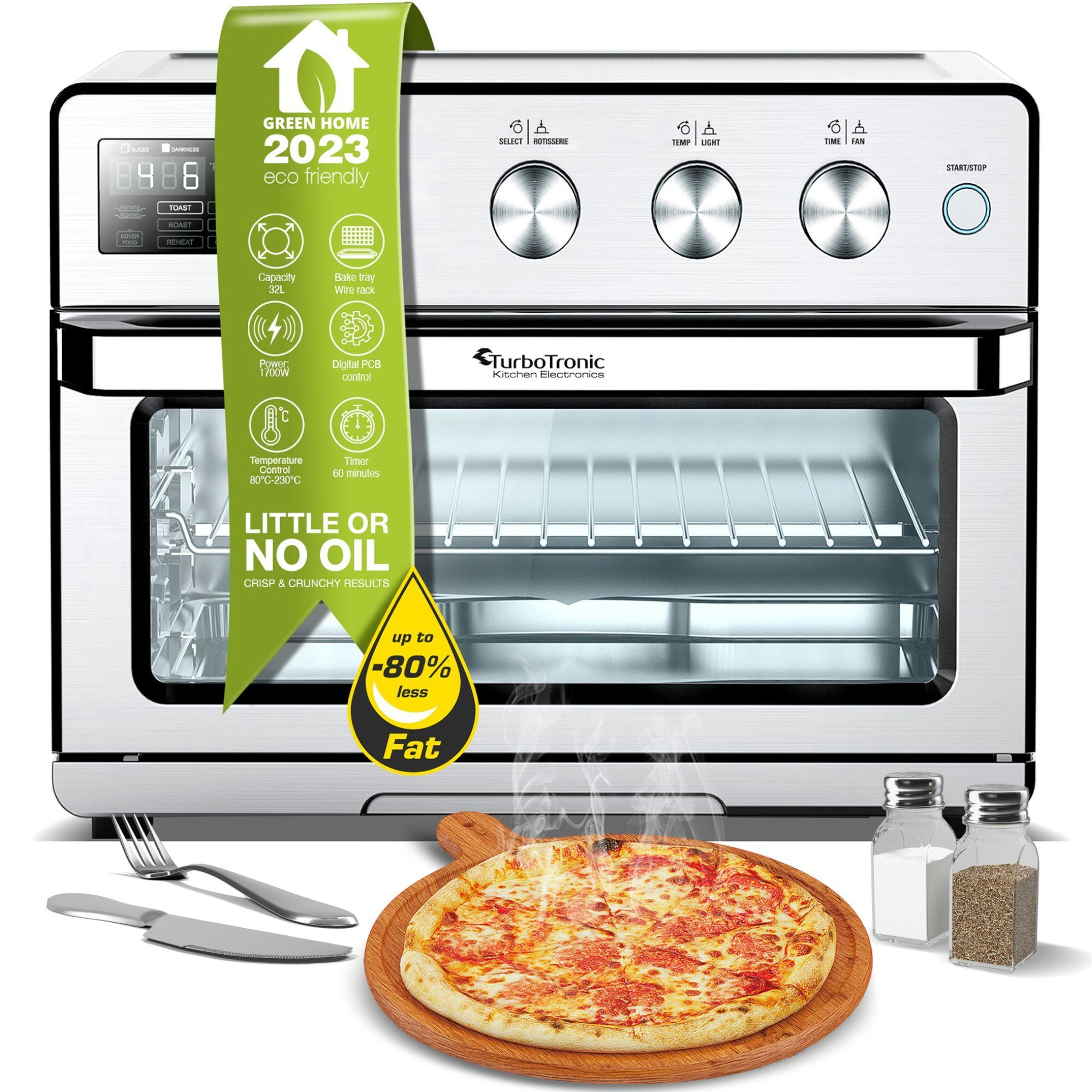 TurboTronic by Z-Line Minibackofen Digitaler Heißluftofen XXL, AF32DRD -32 Liter mit Drehspieß 4in1