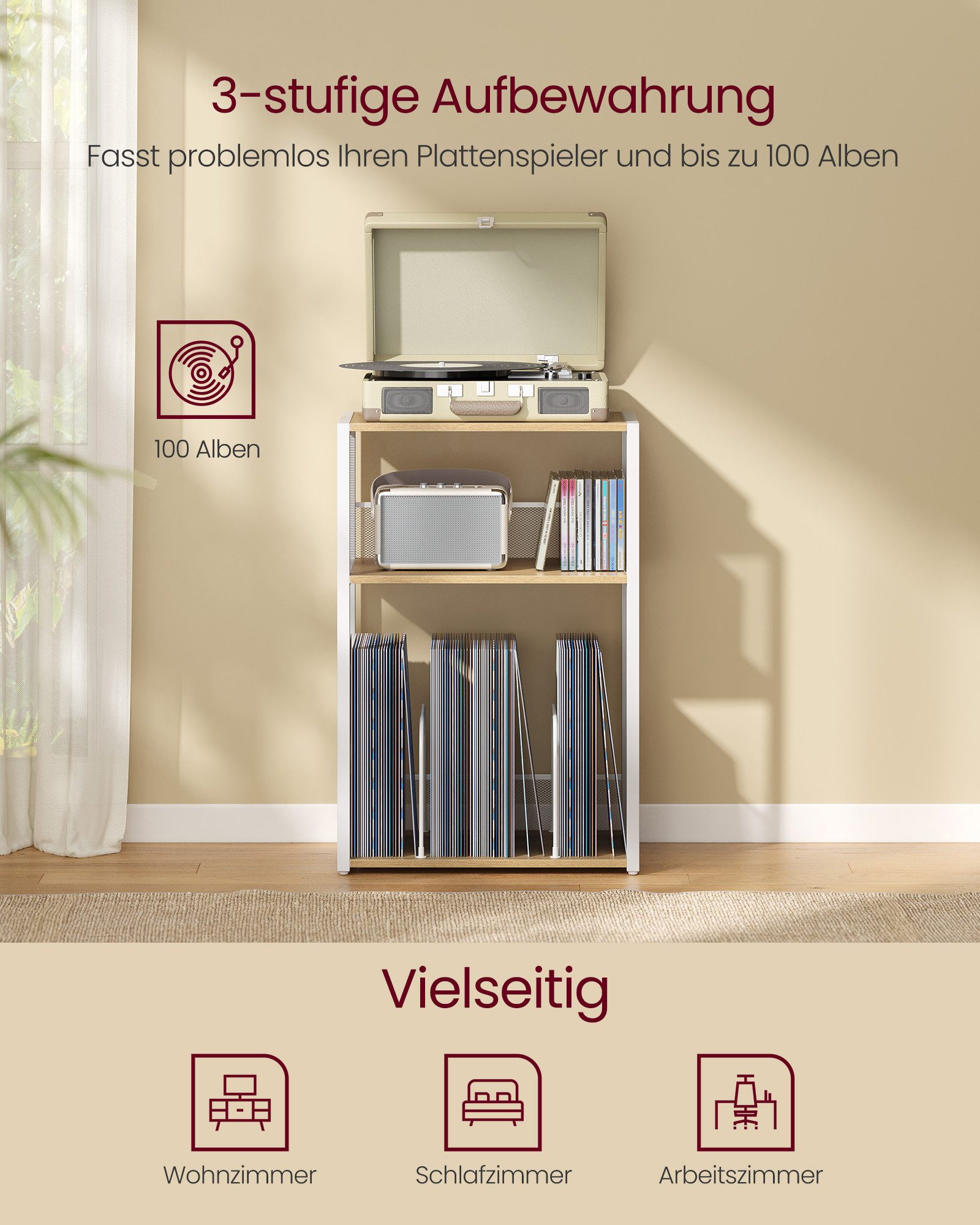 VASAGLE Beistelltisch Plattenspieler-Ständer Beistelltisch, 3 Etagen, für Wohnzimmer, von Schallplatten, bis zu 140 Alben, Aufbewahrung – Bild 3 von 5