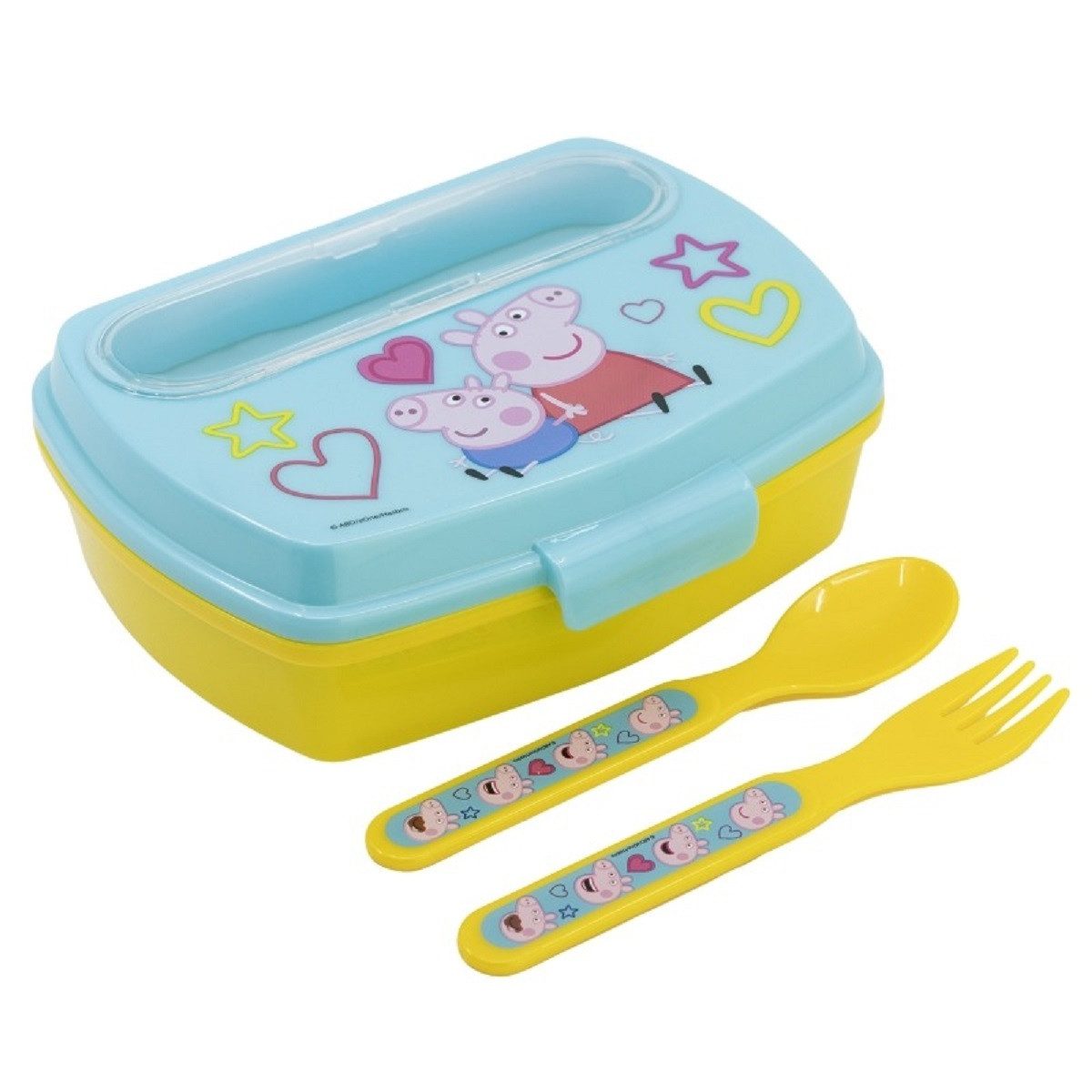 Stor Lunchbox Peppa Pig Kinder Brotdose mit Besteck Lunchbox Pausenbox Schulbrotbox, (3-tlg., dreiteilig, Gabel, Löffel, Brotdose), Geschmacksneutral