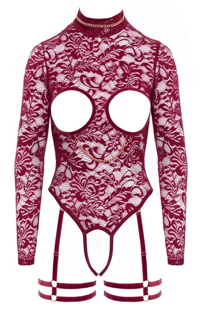 Abierta Fina Stringbody Ouvert Spitzen-Body mit Ketten - rot (1-tlg) Roségoldfarbene Schmuckketten abnehmbar