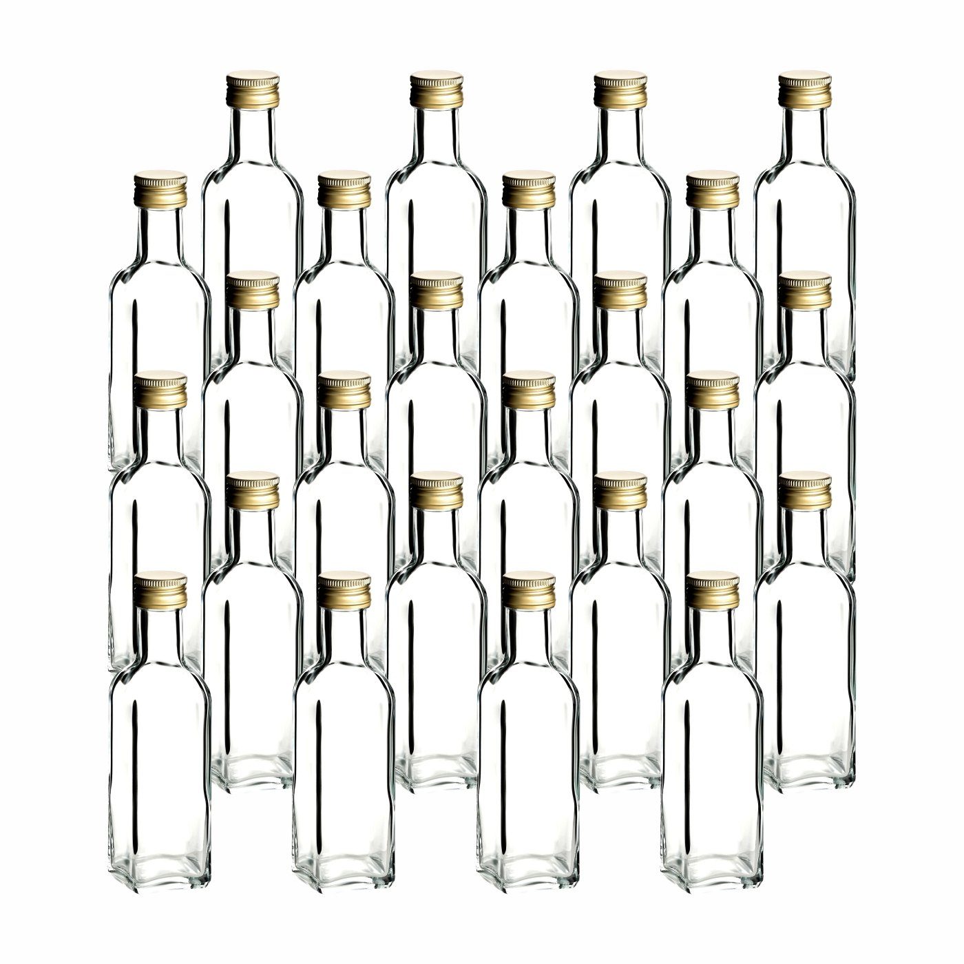 gouveo Trinkflasche Glasflaschen 100 ml Maraska mit Schraub-Deckel - Kleine Flasche 0,1l, 24er Set, transparent-goldfarben transparent - goldfarben