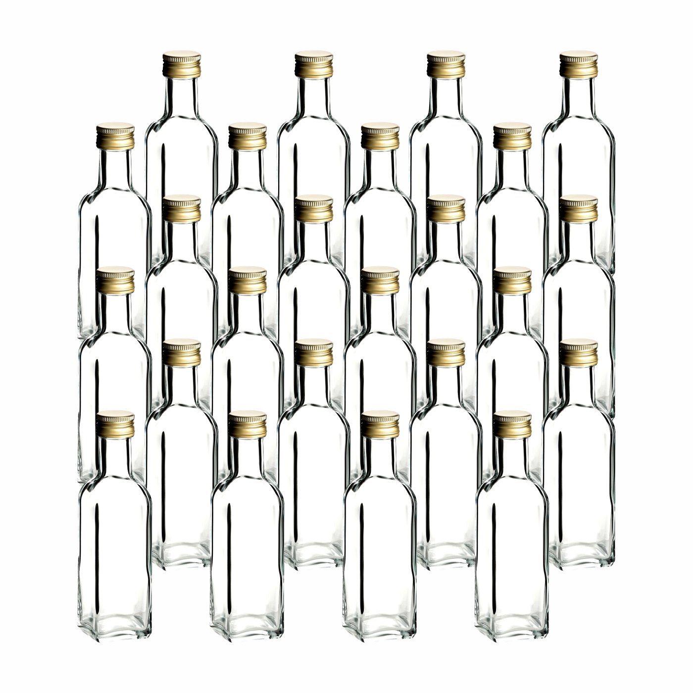 gouveo Trinkflasche Glasflaschen 100 ml Maraska mit Schraub-Deckel - Kleine Flasche 0,1l, 24er Set, transparent-goldfarben