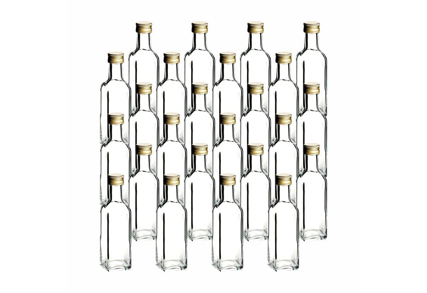 gouveo Trinkflasche Glasflaschen 100 ml Maraska mit Schraub-Deckel - Kleine Flasche 0,1l, 24er Set, transparent-goldfarben