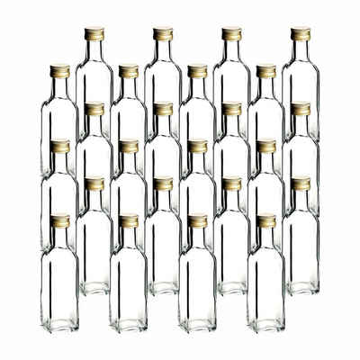 gouveo Trinkflasche Glasflaschen 100 ml Maraska mit Schraub-Deckel - Kleine Flasche 0,1l, 24er Set, transparent-goldfarben