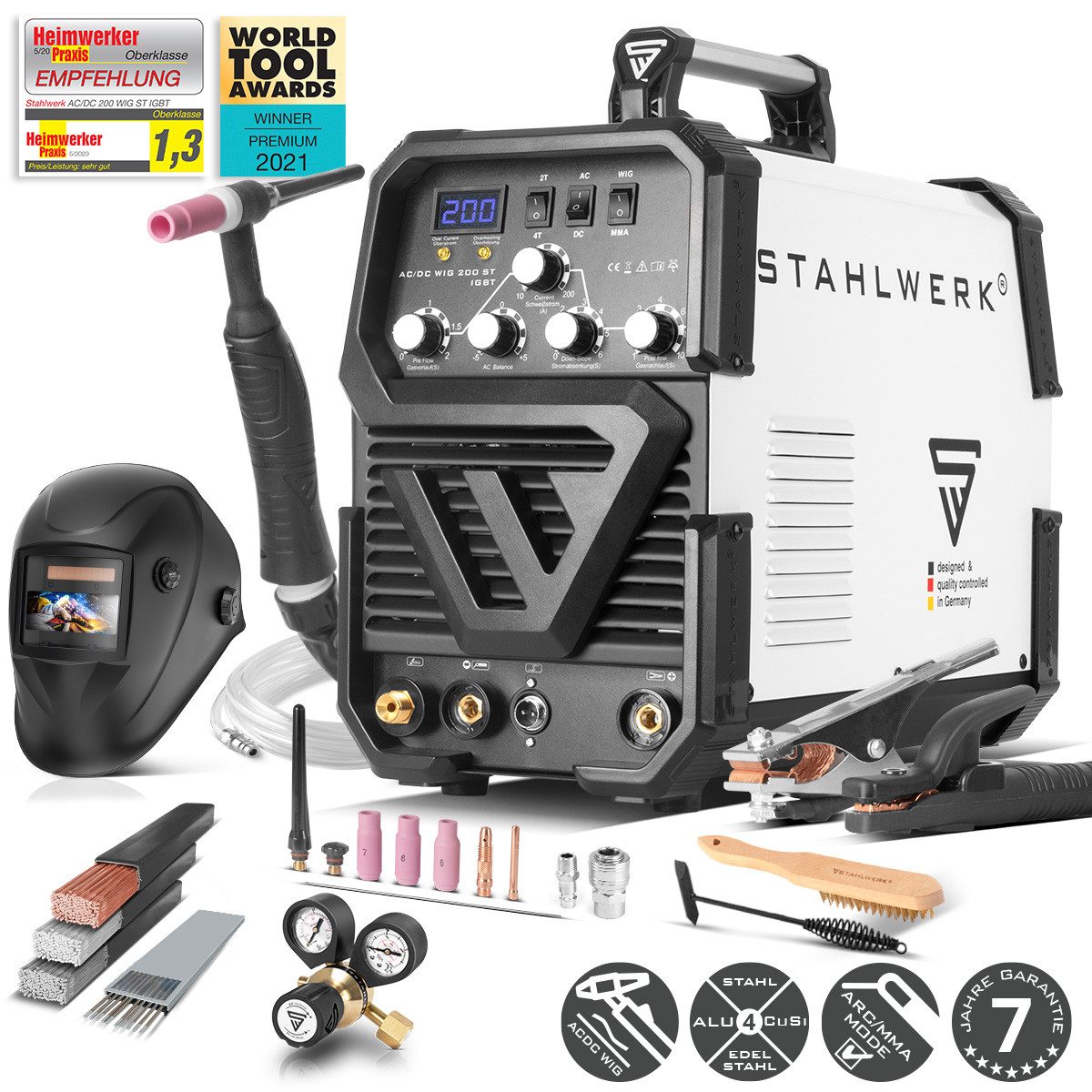 STAHLWERK Inverterschweißgerät AC/DC WIG 200 ST IGBT mit ARC MMA Vollausstattung, 30 - 200 A, Packung}, 13-tlg., Vollausstattung, Kombi-Schweißgerät mit 200 Ampere für WIG & ARC MMA