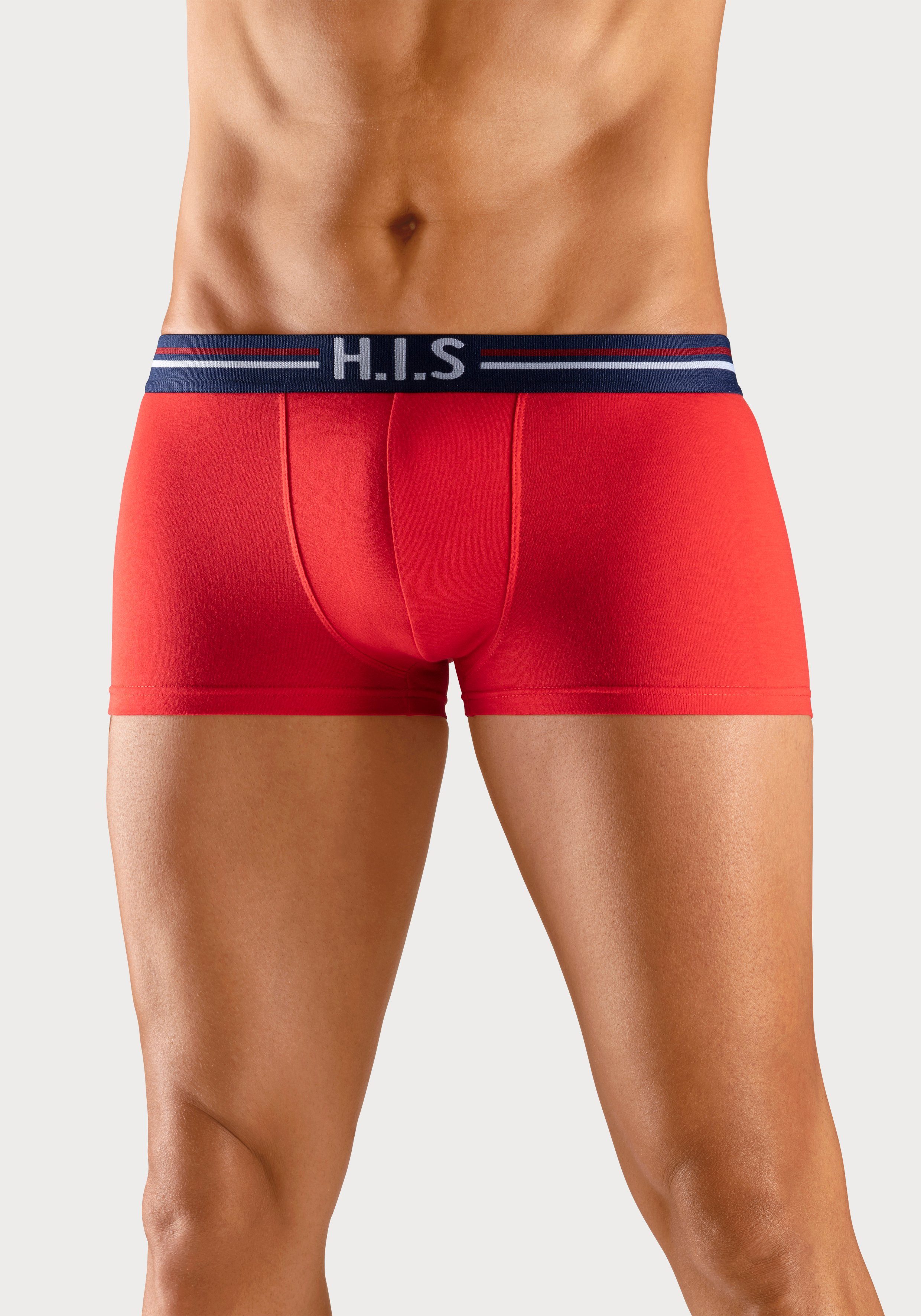 H.I.S Boxershorts (Packung, 5-St) rot, in schwarz lime, Hipster-Form grün, mit Streifen Bund im blau, Markenlogo und
