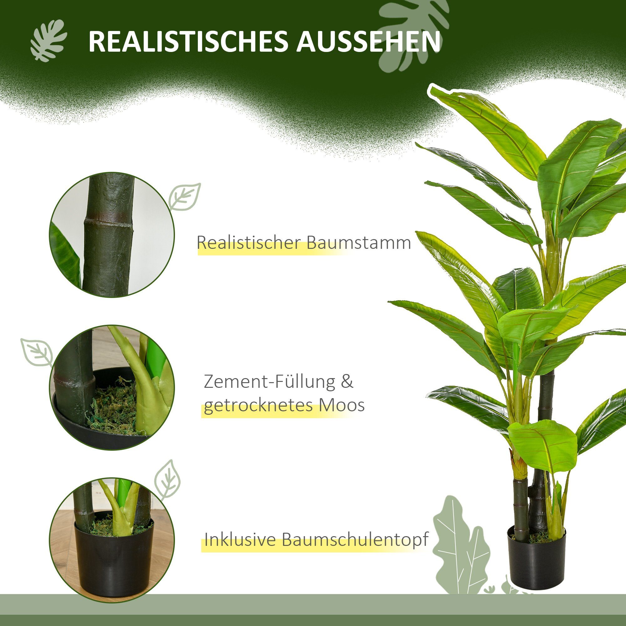 künstliche Pflanze Design, HOMCOM Kunstpflanze mit Bananenbaum