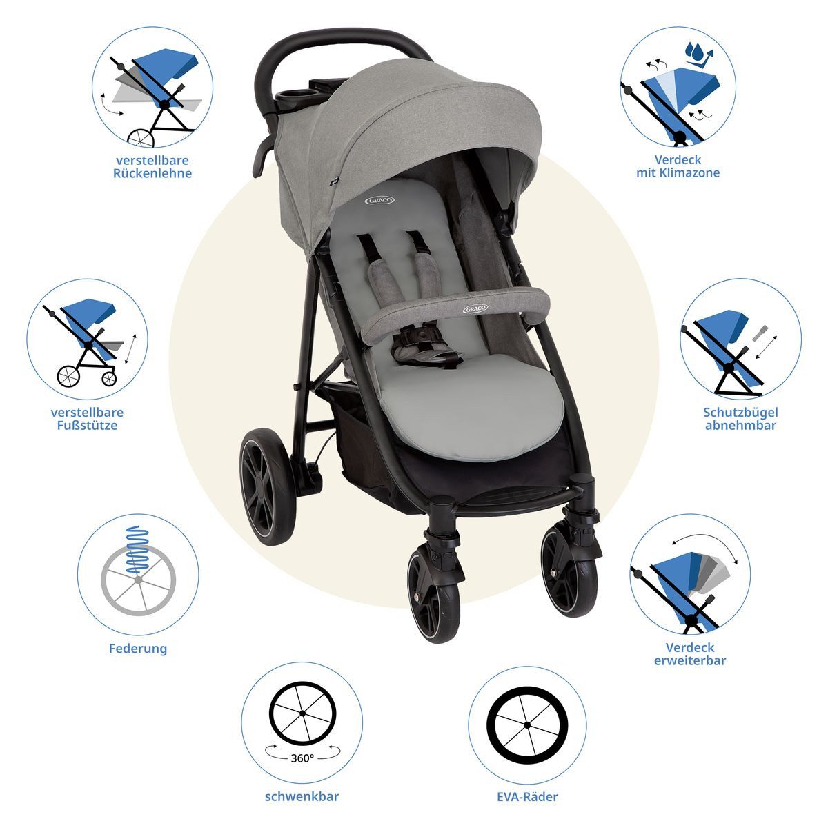 Graco Sportbuggy Eezefold DLX - Lunar, Reisebuggy, Sportwagen mit Liegefunktion und Einhand-Faltmechanismus