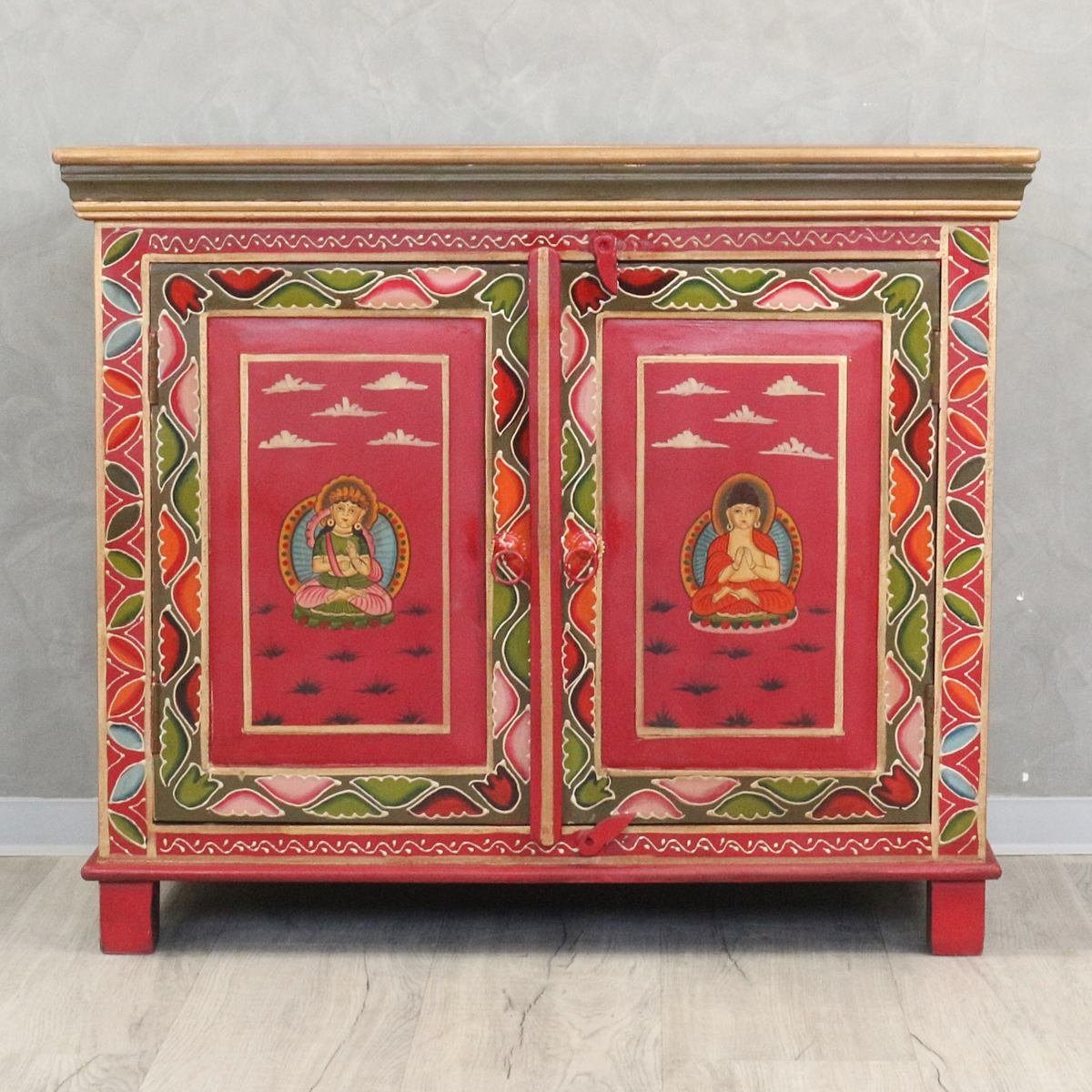Oriental Galerie Mehrzweckschrank Handarbeit Rot Wandschrank Tibet cm - Grün 76 Kunzang