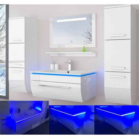 Homeline Badmöbel-Set Badmöbel Set Weiß Hochglanz lackiert LED System tauschsystem, (Komplette Set ohne wasch dich Armatur und Ablaufgarnitur, 6-St., Set Angebot), Hochglanz lackiert tauschsystem inklusiv LED