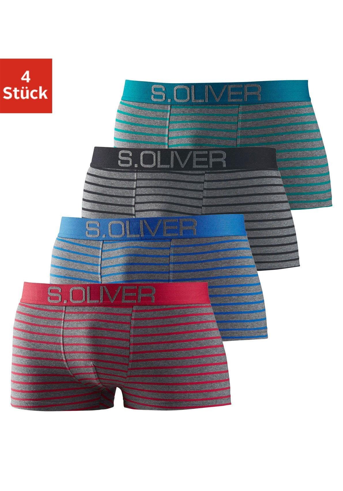 s.Oliver Boxershorts (Packung, 4-St) in Hipster-Form mit kontrastfarbenem Webbund grau-schwarz-gestreift / grün-grau-gestreift / blau-grau-gestreift / rot-grau-gestreift | Boxer anliegend