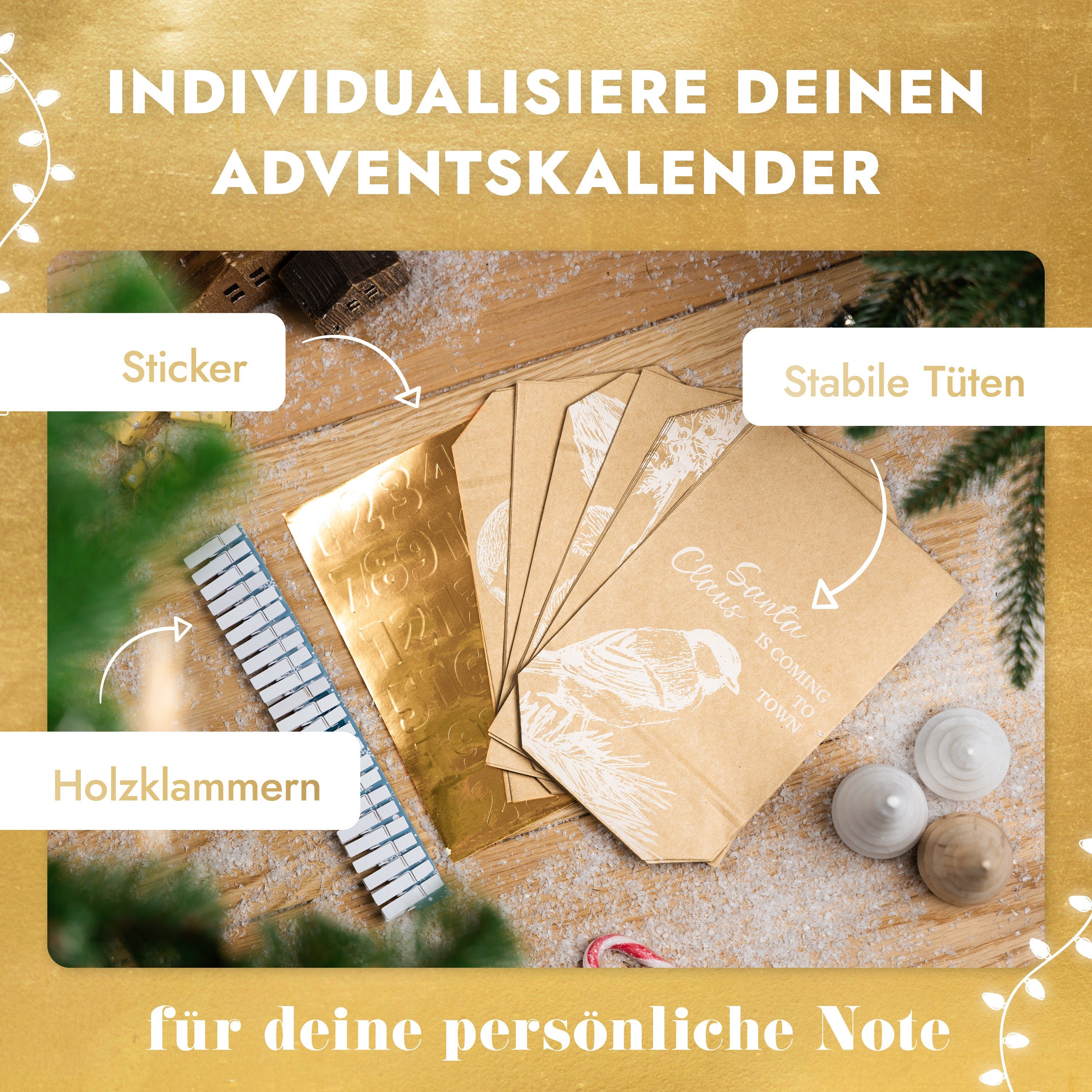 zum Vintage mit Adventskalender Adventskalender Holzklammern Tüten 010 Befüllen AMARI® Amari White befüllbarer