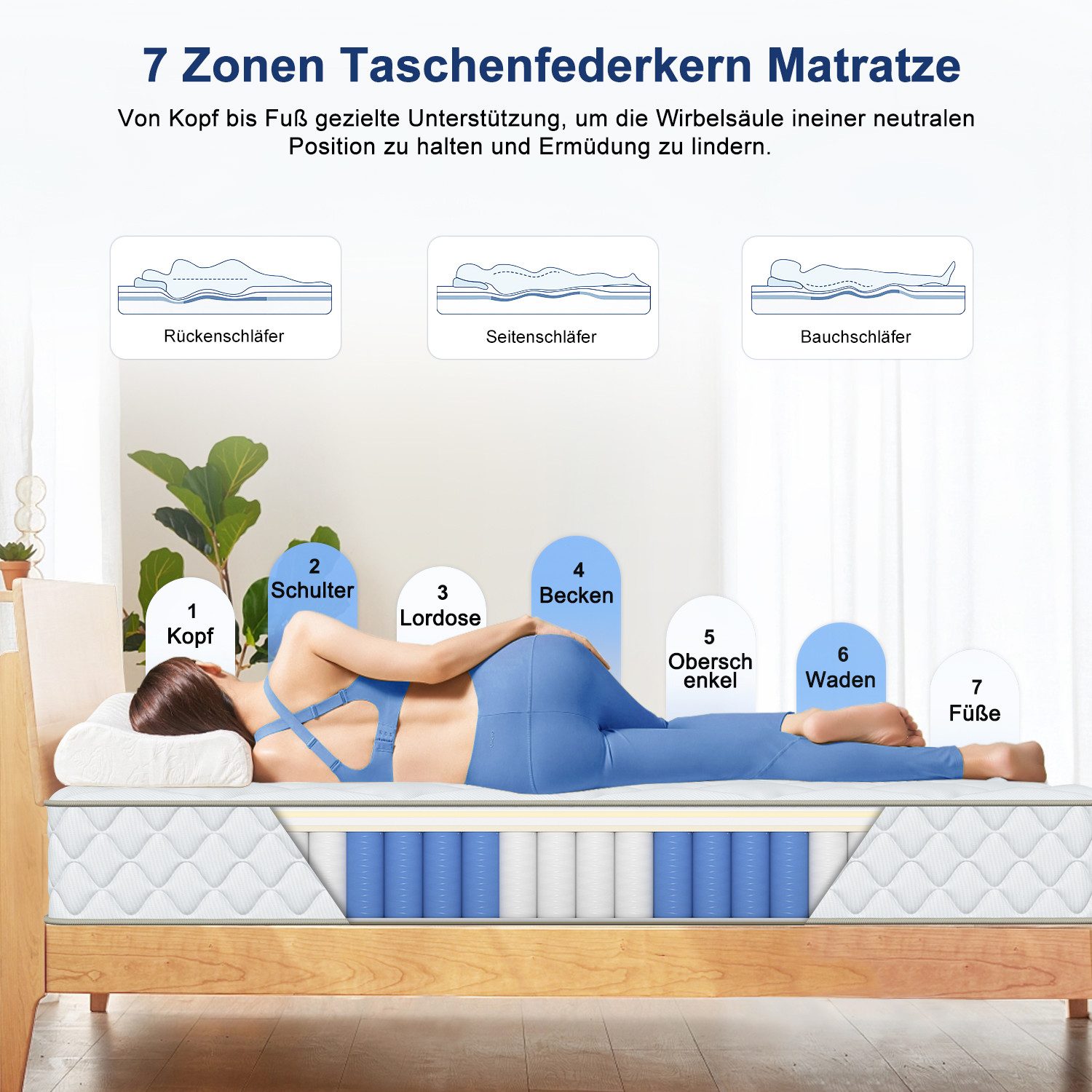 Taschenfederkernmatratze Matratze, 7 Zone Federkernmatratze Matratzen mit Spannbettlaken, Lexzurn, 22 cm hoch, (Atmungsaktiv, Rückenentlastung, Orthopädisch, Matratze 90x200 cm oder 140x200 cm), Taschenfederkernmatratze