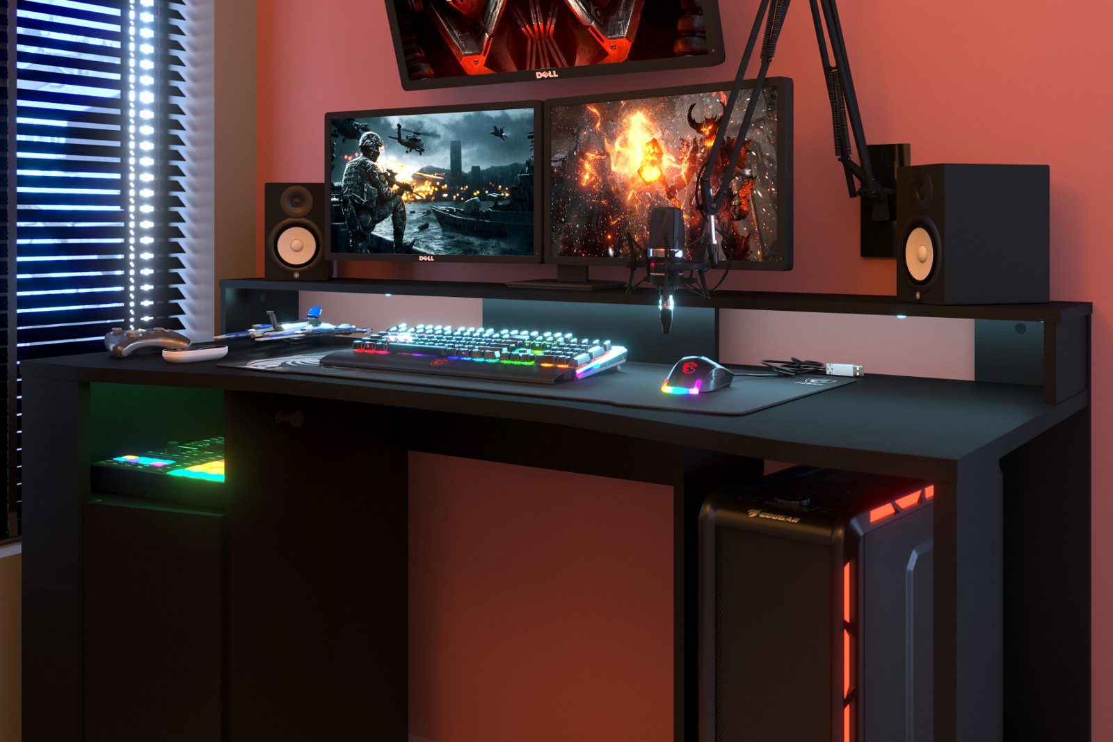Parisot Schreibtisch Gaming (Gaming Computertisch, mit TV-Podest), inklusive LED Beleuchtung