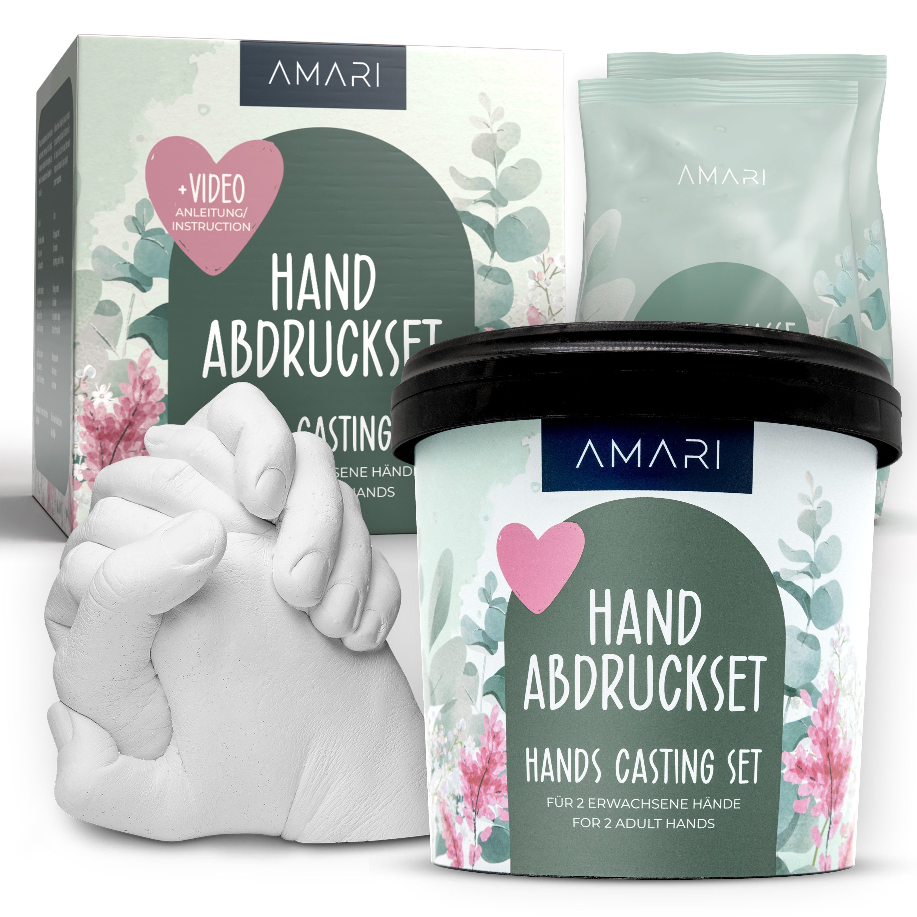 Amari Handabdruck-Set Geschenkidee für Paare, Familie & Freundin - 3D Gipsabdruck, Komplettset, 1 Abdruck für 2 Hände, inkl. Videoanleitung, Geschenk zu Valentinstag, Jahrestag & Hochzeit