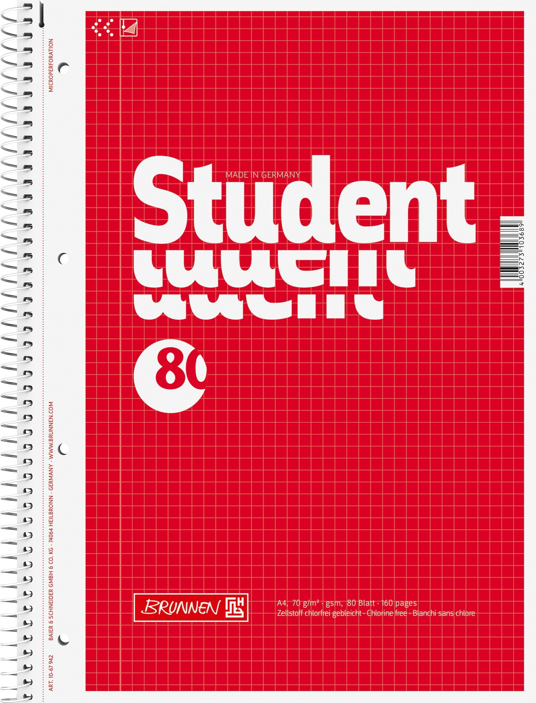 BRUNNEN Notizblock Collegeblock Student A4 kariert, mit Randlinie innen Deckblatt: rot
