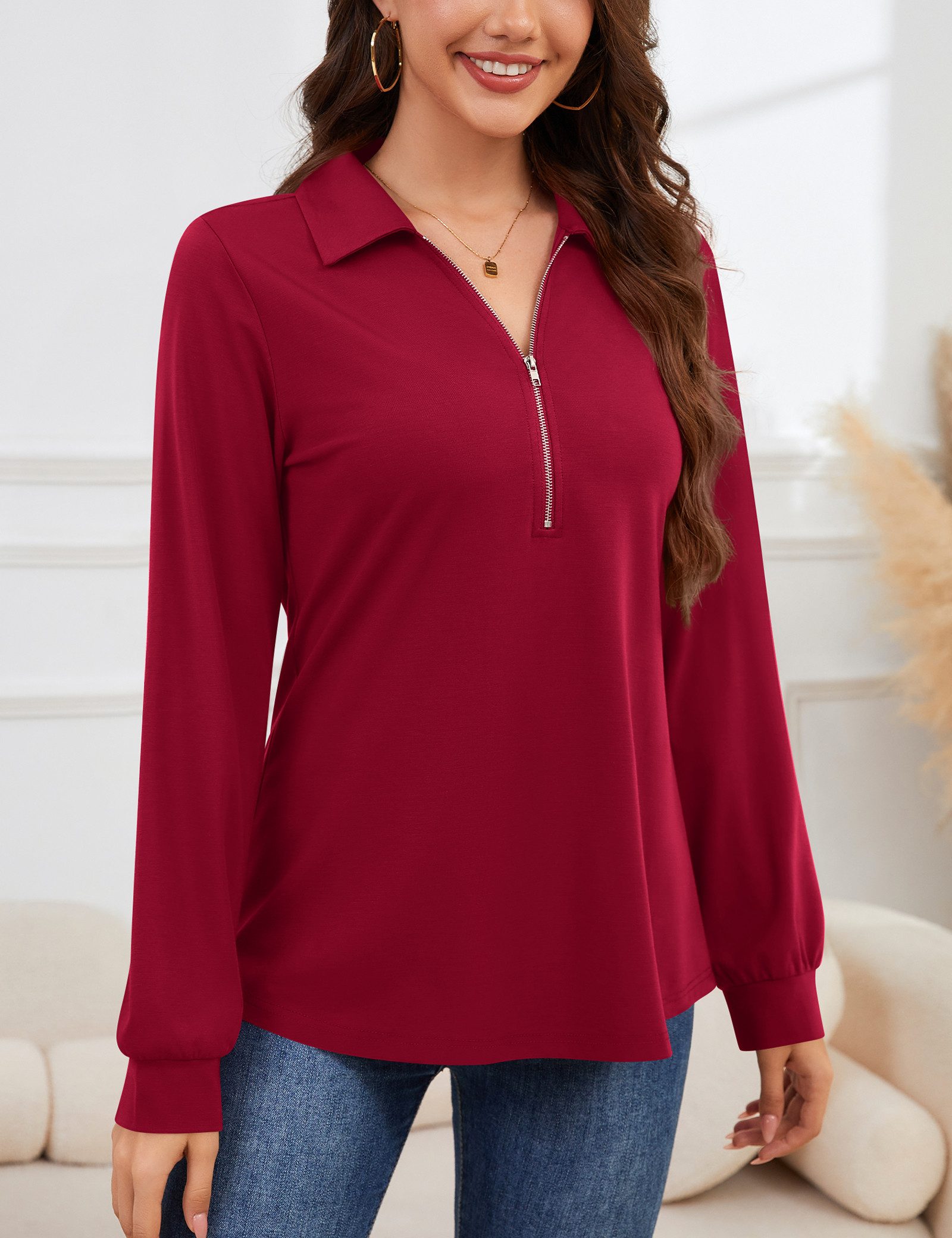 Beluring Langarmbluse Damen Langarm Oberteil / Kleid in Weinrot – V-Ausschn günstig online kaufen