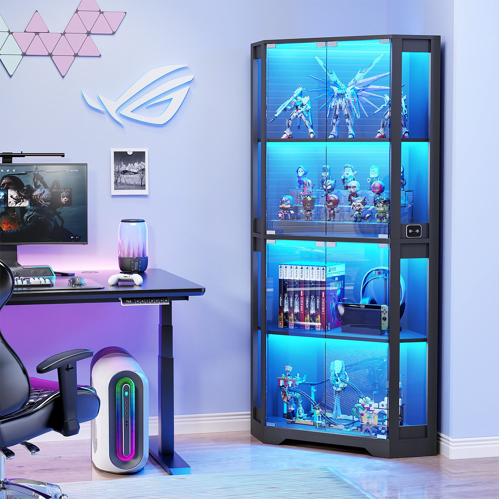 BROTTAR Glasvitrine Curio-Schrank, Eckvitrine, 4 Böden mit LED-Beleuchtung (1-St) mit menschlichem Körpersensor für Spielzeug, Bücher, schwarz