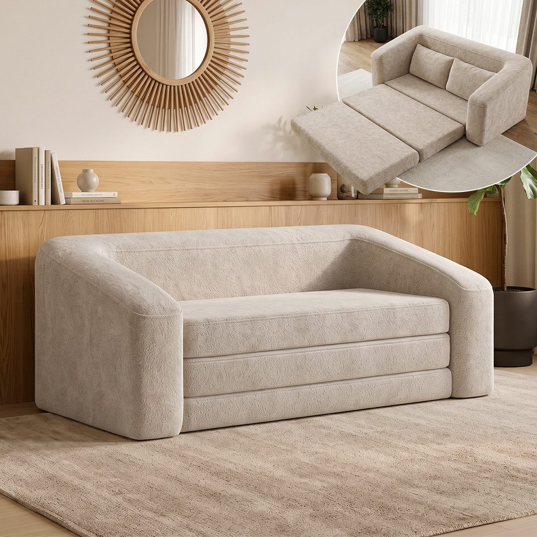 skølm Schlafsofa & Schlafsessel Fjäll mit Kissen, ohne Aufbau, vakuumverpackt, beige, Klappsofa 182x100x70 cm, Teddy-Bouclé Schlafcouch