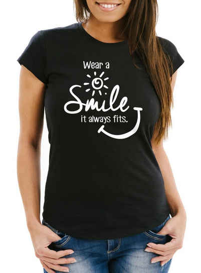 MoonWorks Print-Shirt Damen T-Shirt Wear a Smile it always fits Spruch Slim Fit Moonworks® mit Print