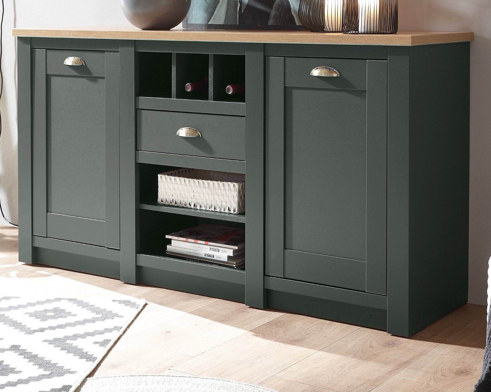 Furn.Design Kommode Norwich (Sideboard in dunklem grün mit Wotan Eiche, 145 x 83 cm), Landhausstil