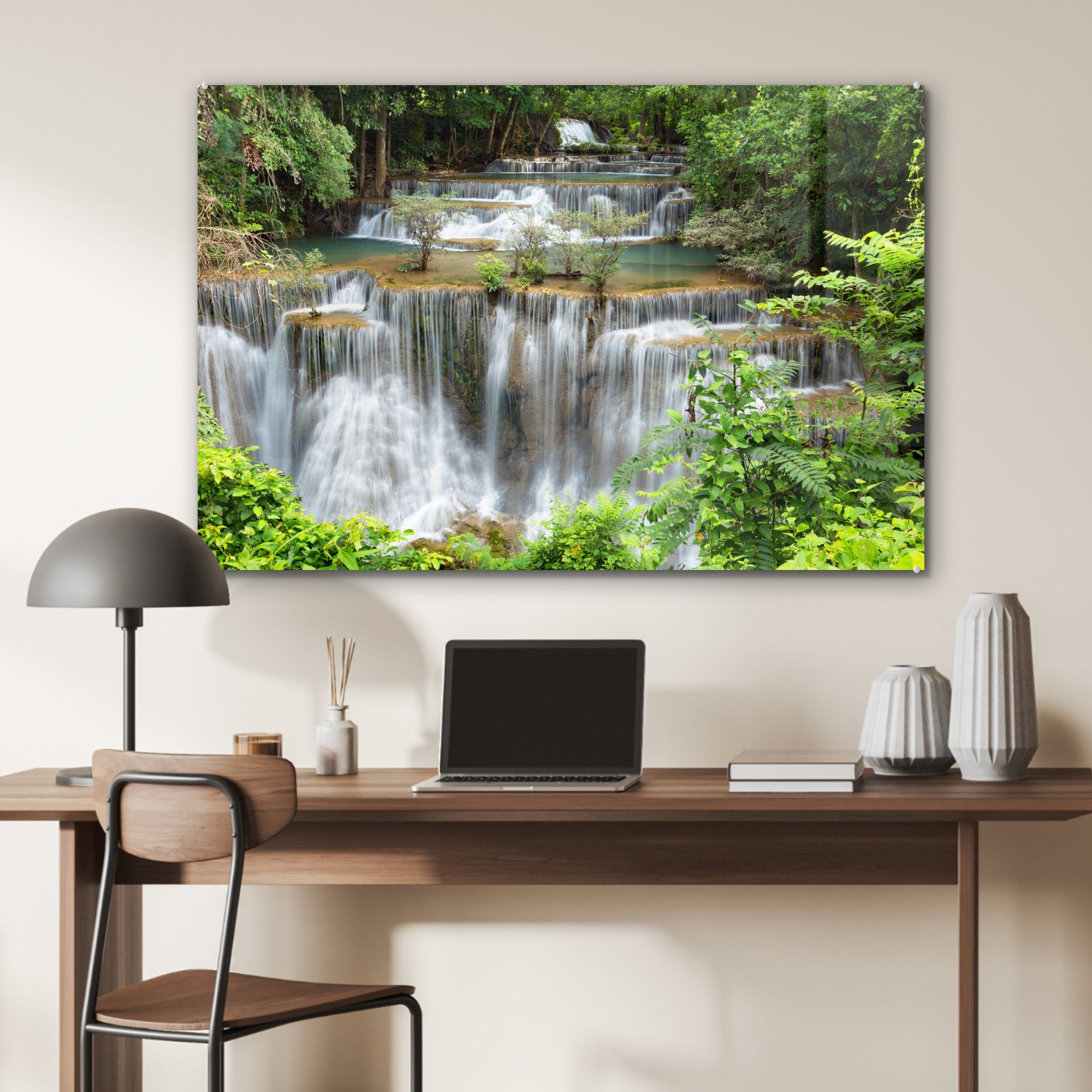Wohnzimmer MuchoWow Wald, (1 & St), Schlafzimmer Thailand Wasserfälle - Acrylglasbild Acrylglasbilder -