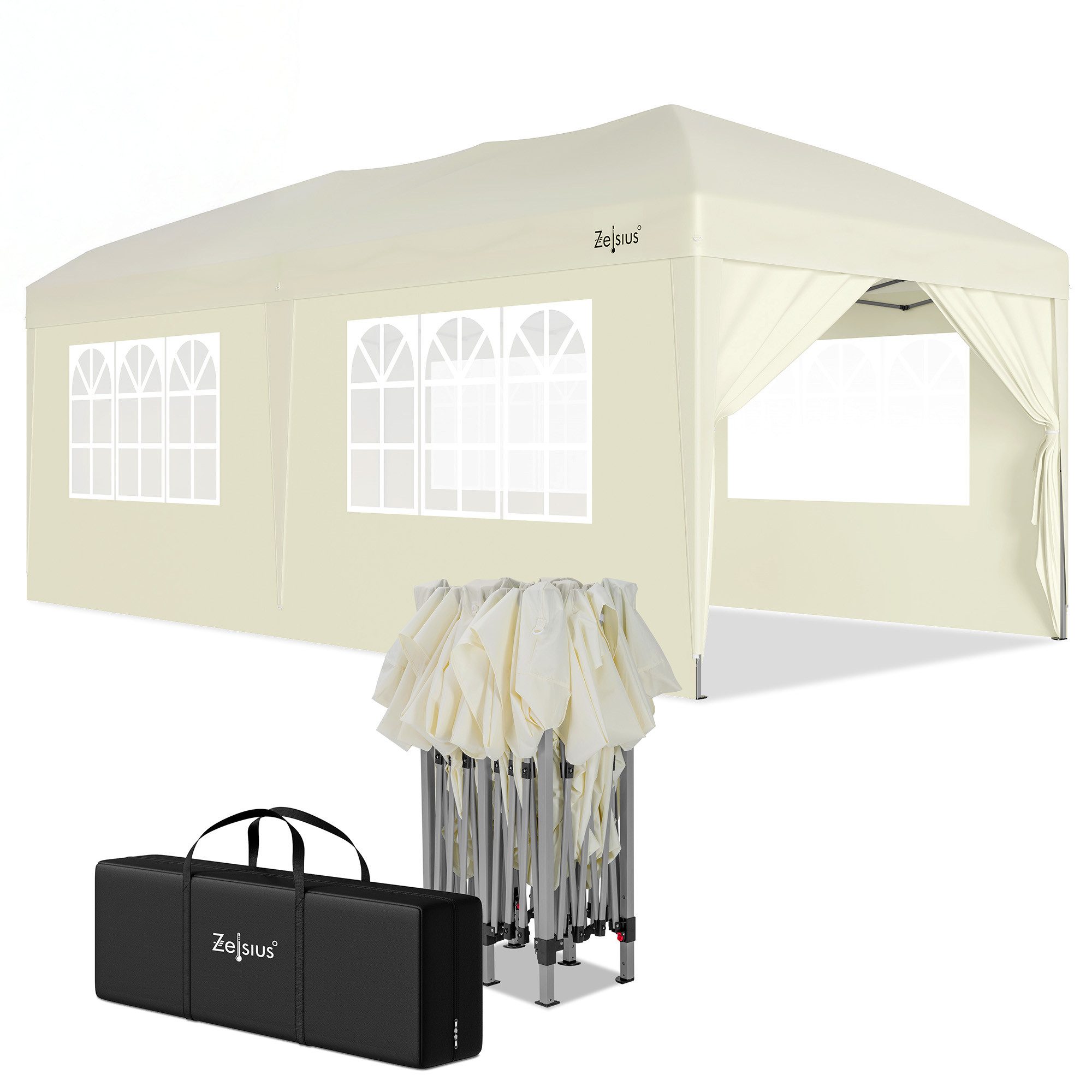 Zelsius Faltpavillon Faltbarer Pavillon 3x6 m mit Seitenwänden, Beige, Faltpavillon, Löcher in den Füßen zur sicheren Befestigung mit Heringen