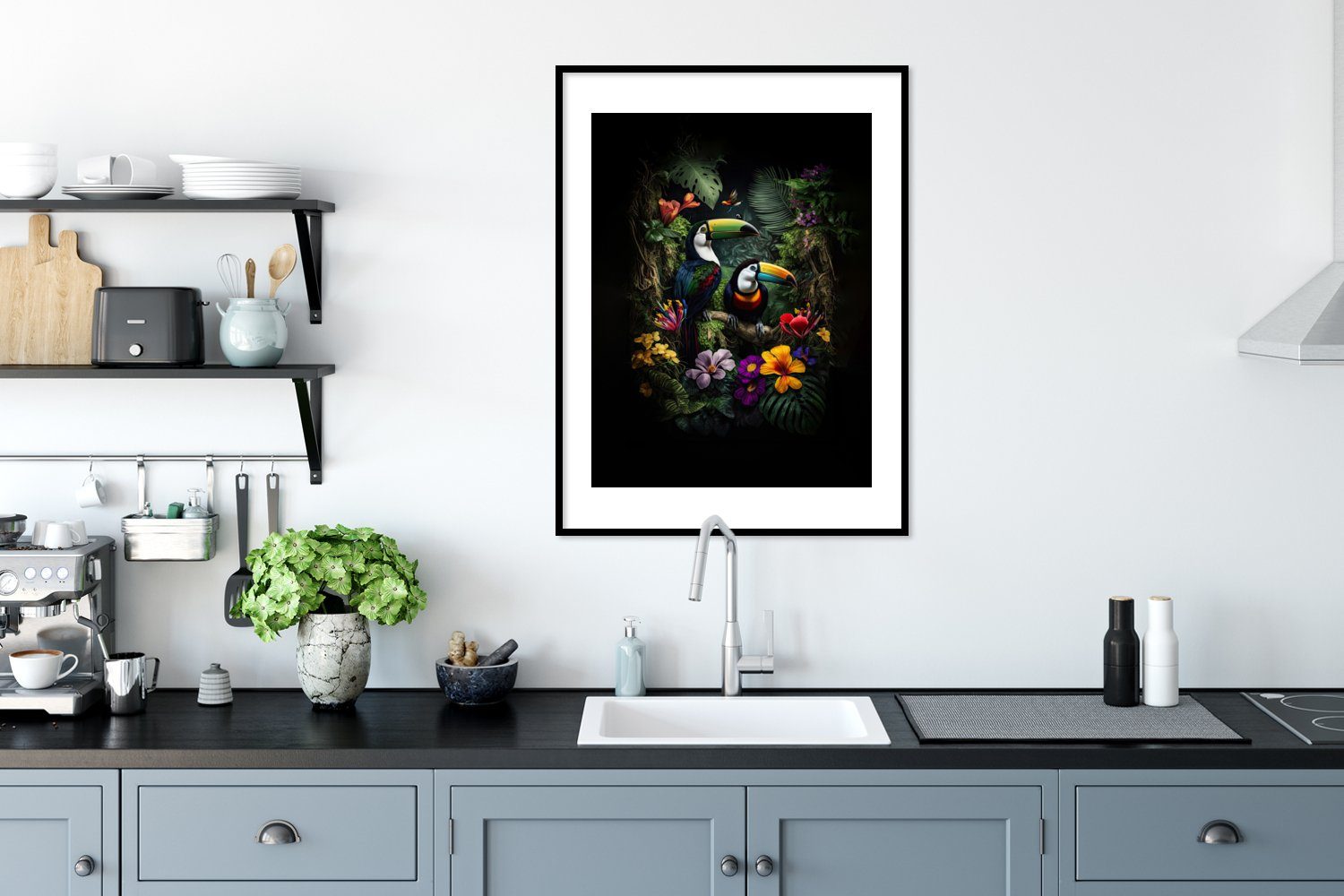 Schwarzem - Wandposter, - Tukan - Dschungel Bilder, - Blumen (1 Poster, St), Tropisch Vogel, Wanddeko, MuchoWow Poster Bilderrahmen Gerahmtes