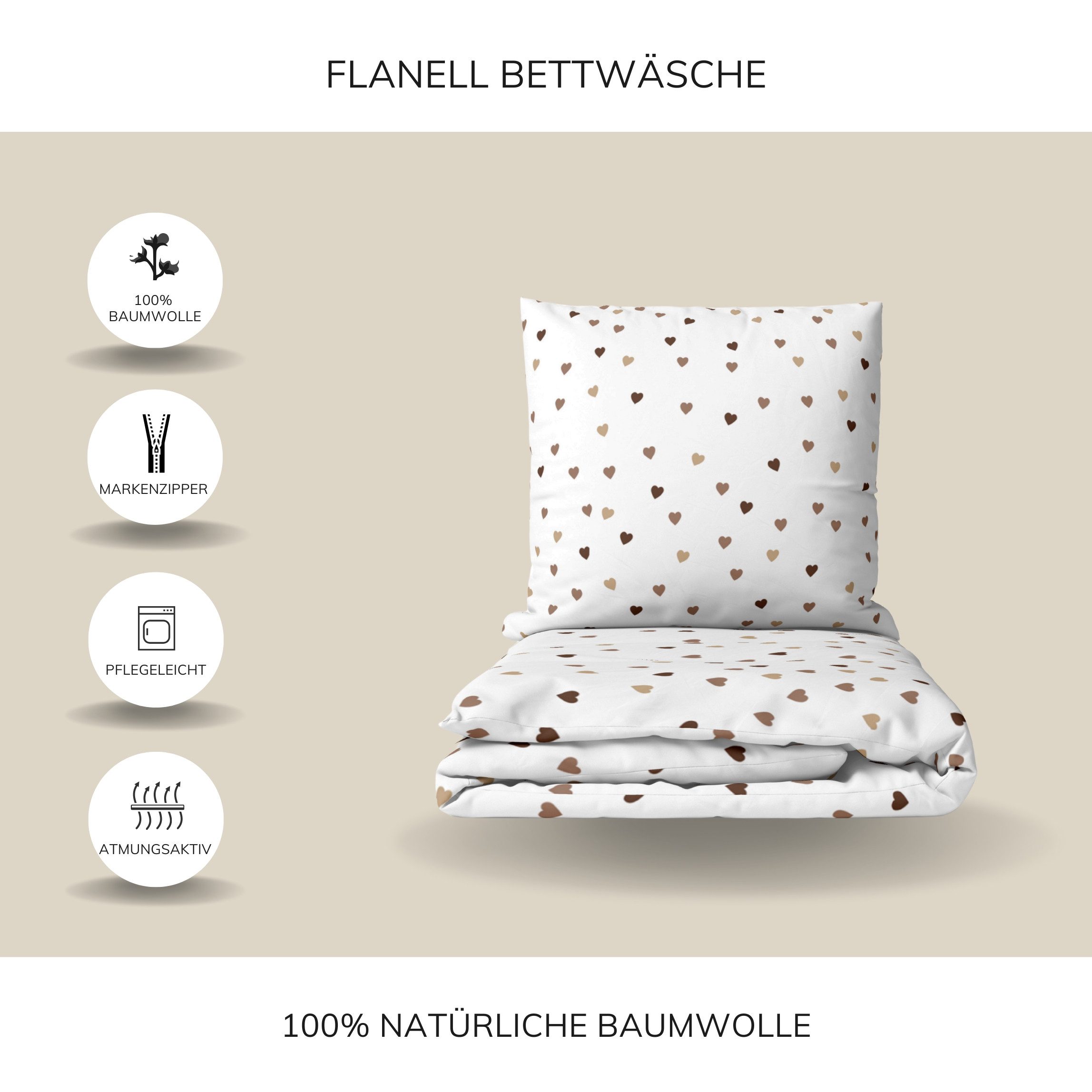 MTOnlinehandel Bettwäsche „Little Hearts“ Flanell, warmes Weiß mit Herzmuster in Naturtönen, 100% Baumwolle, 2 teilig, kuschelig, warm und pflegeleicht, Geschen – Bild 4 von 5