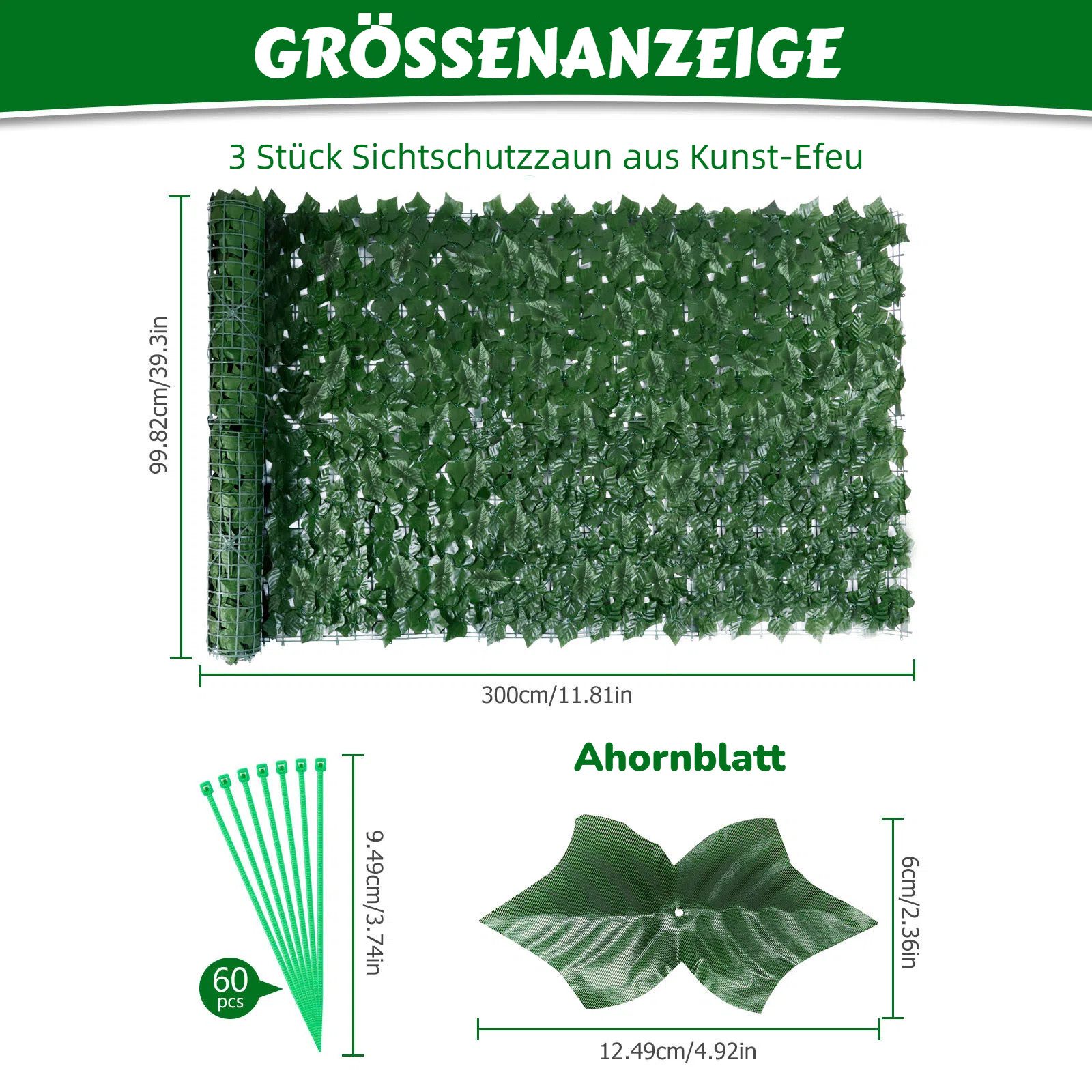 BlingBin Kunsthecken-Sichtschutz Künstliche Efeu Hecke Windschutz, Balkon Sichtschutz Efeu, 1x3 m/1x6 m, (3er Set, 3-St., Inklusive 60 Kabelbinder), Dekoration  – Bild 2 von 5